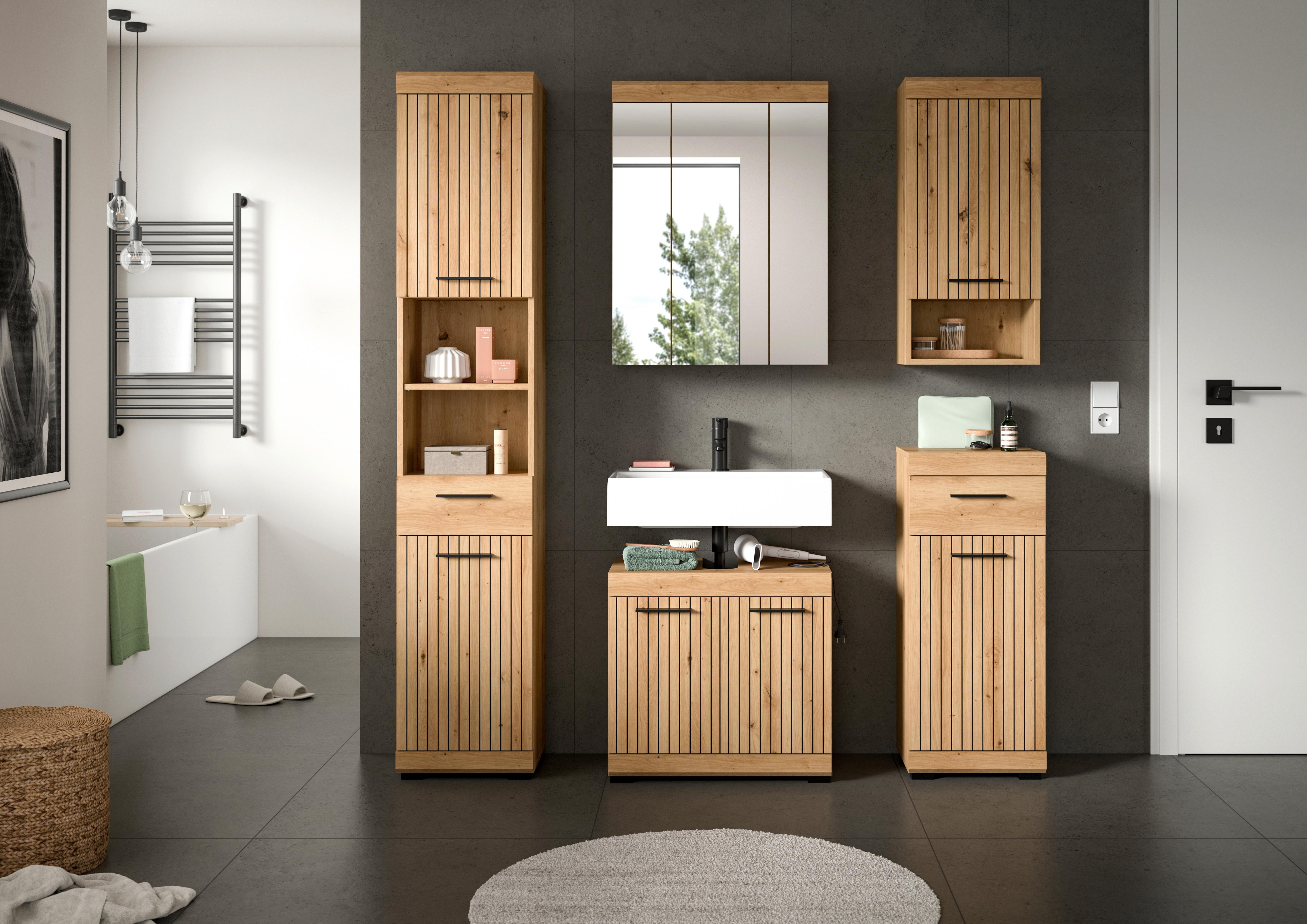 Badezimmer Scout Artisan Eiche 5-teilig - Schwarz/Eiche Artisan, Trend, Glas/Holzwerkstoff (134cm) - MID.YOU