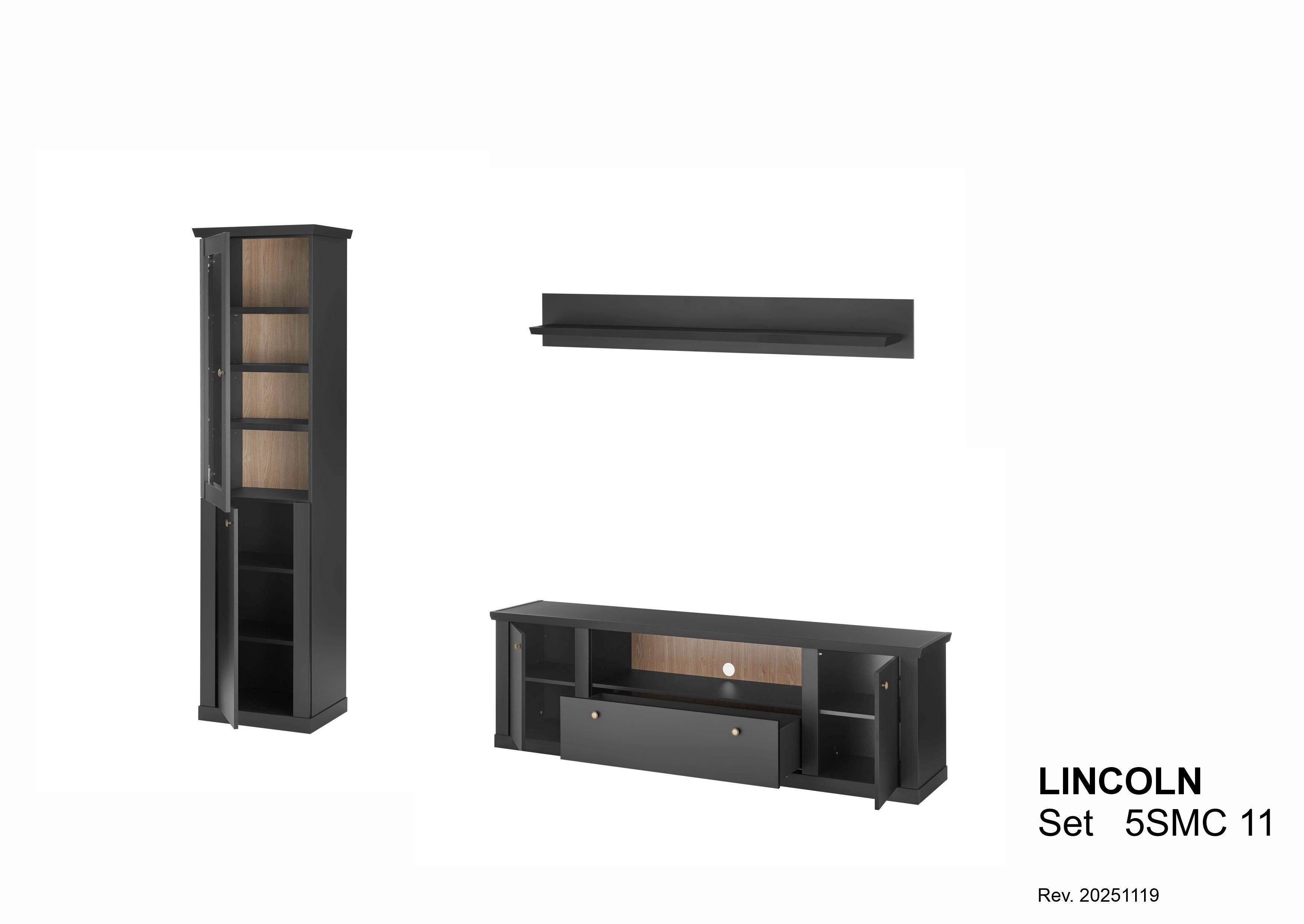 Wohnwand Lincoln Schwarz/Eichefarben B: 270cm - Eichefarben/Messingfarben, Design, Holzwerkstoff/Metall (270/200/42cm) - MID.YOU