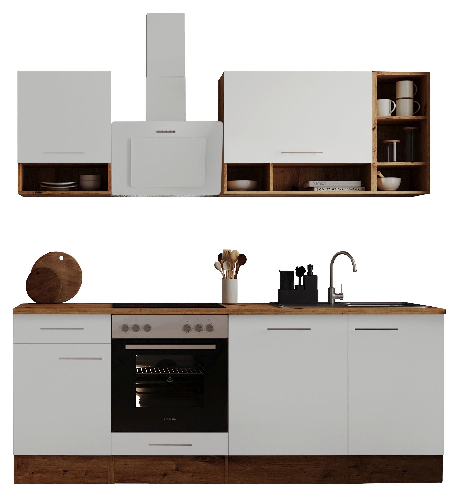 Küchenzeile mit Geräten Eichefarben/Weiß B: ca. 220 cm - Eichefarben/Weiß, MODERN, Holzwerkstoff (220cm) - Respekta