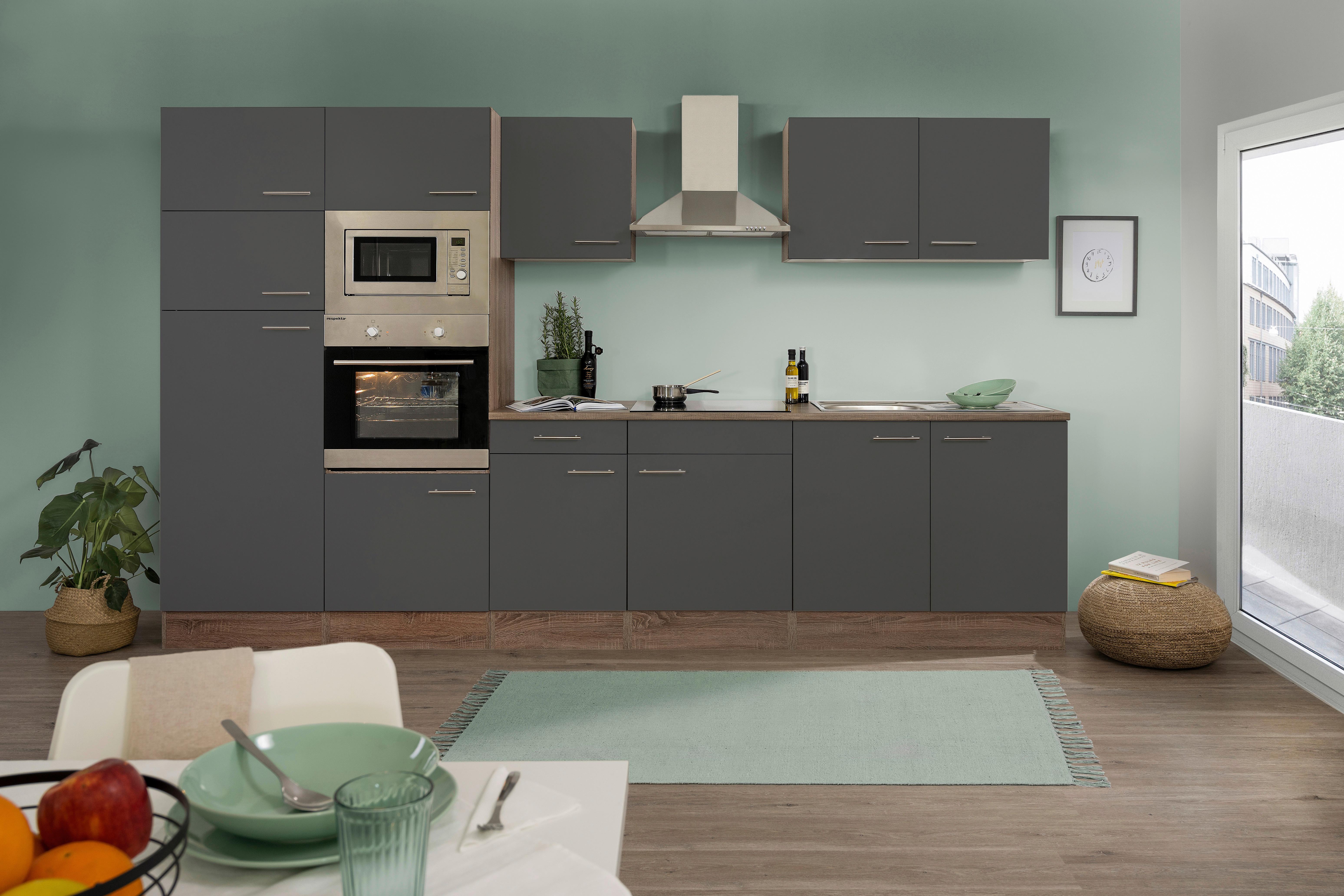 Küchenzeile Economy o. Geräte Grau/Eiche B: ca. 330 cm - Edelstahlfarben/Eichefarben, Basics, Holzwerkstoff/Metall (330cm) - Respekta