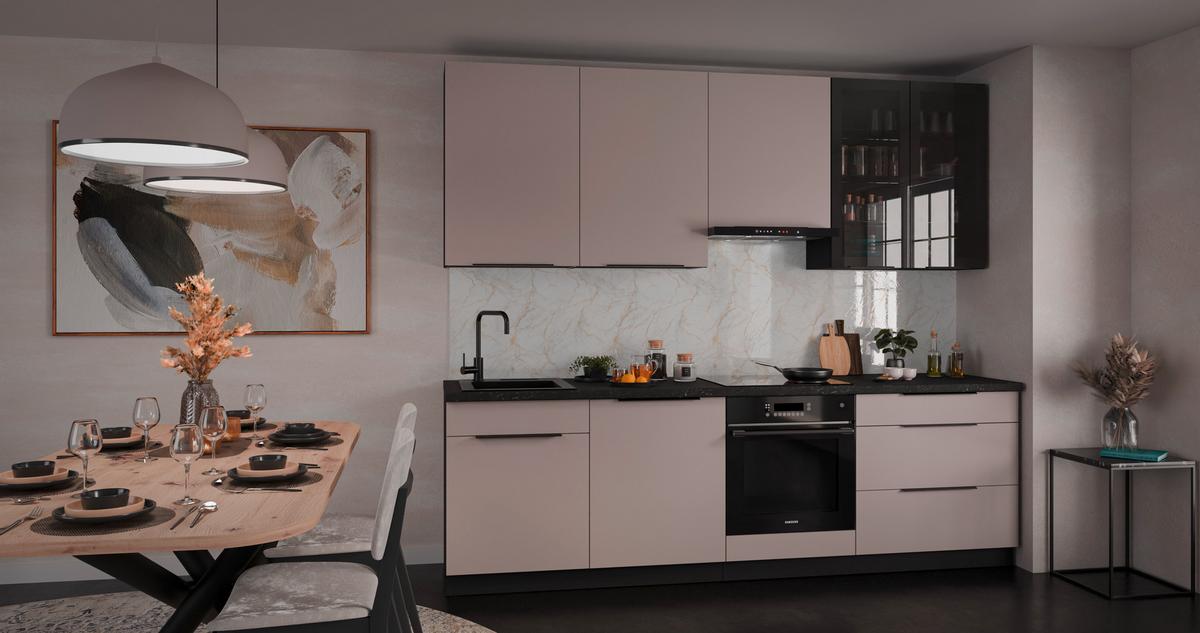 Bucatarie fara electrocasnice ARONA - bej/alb, Modern, sticlă/metal (260/235/60cm) - Modern Living