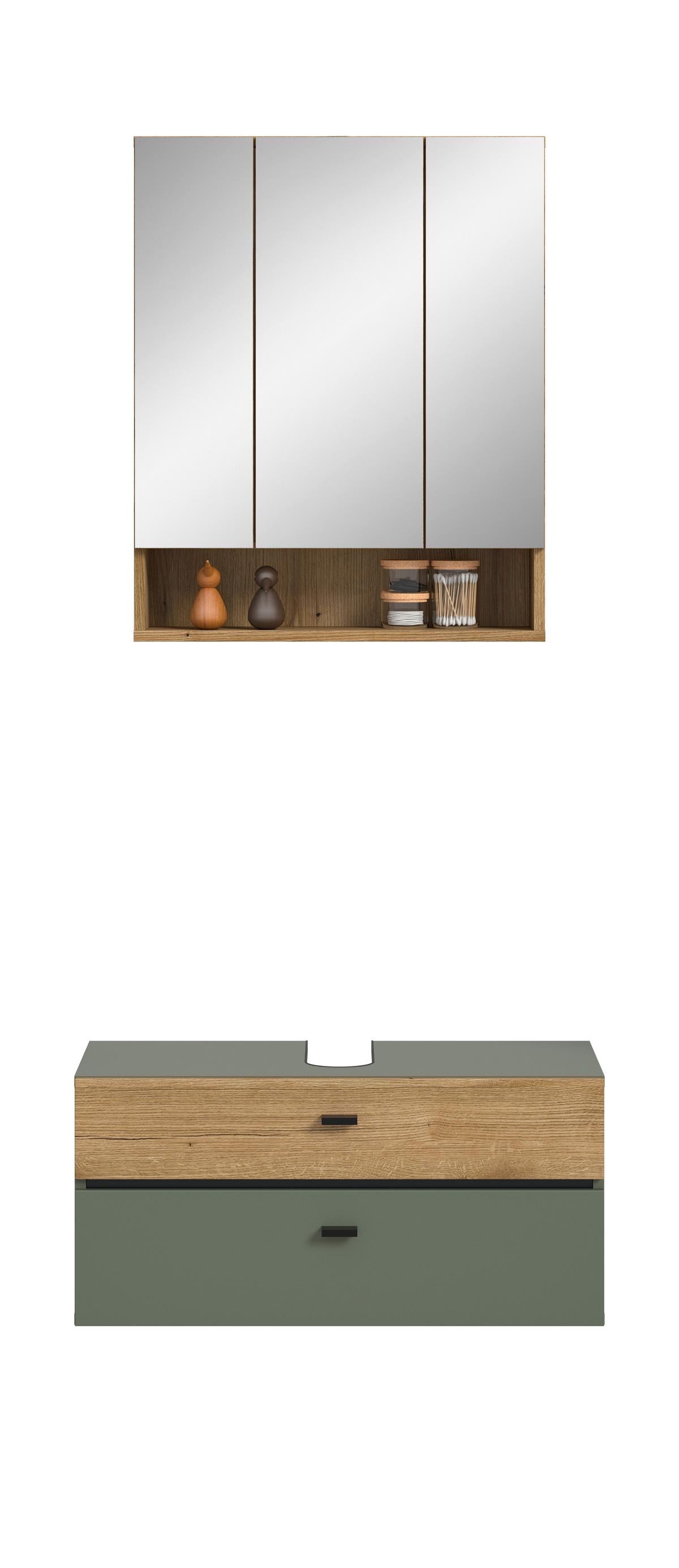Badezimmer AQUA Grün, Eichefarben 2-teilig - Eichefarben/Schwarz, Trend, Glas/Holzwerkstoff (75cm) - MID.YOU