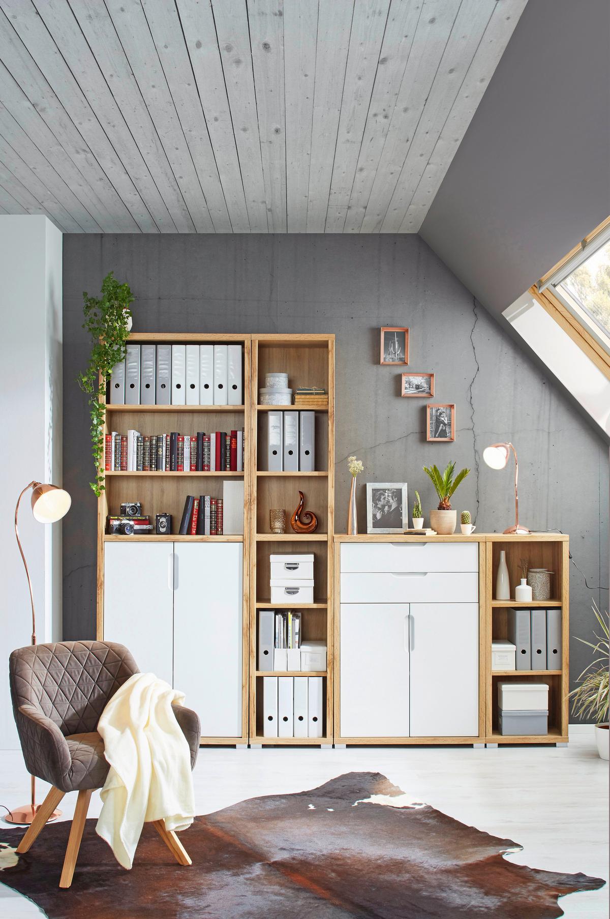 KOMODA LINE4 - kolor dębowy/biały wysoki połysk, Modern, materiał drewnopochodny (80/112/36cm) - Xora