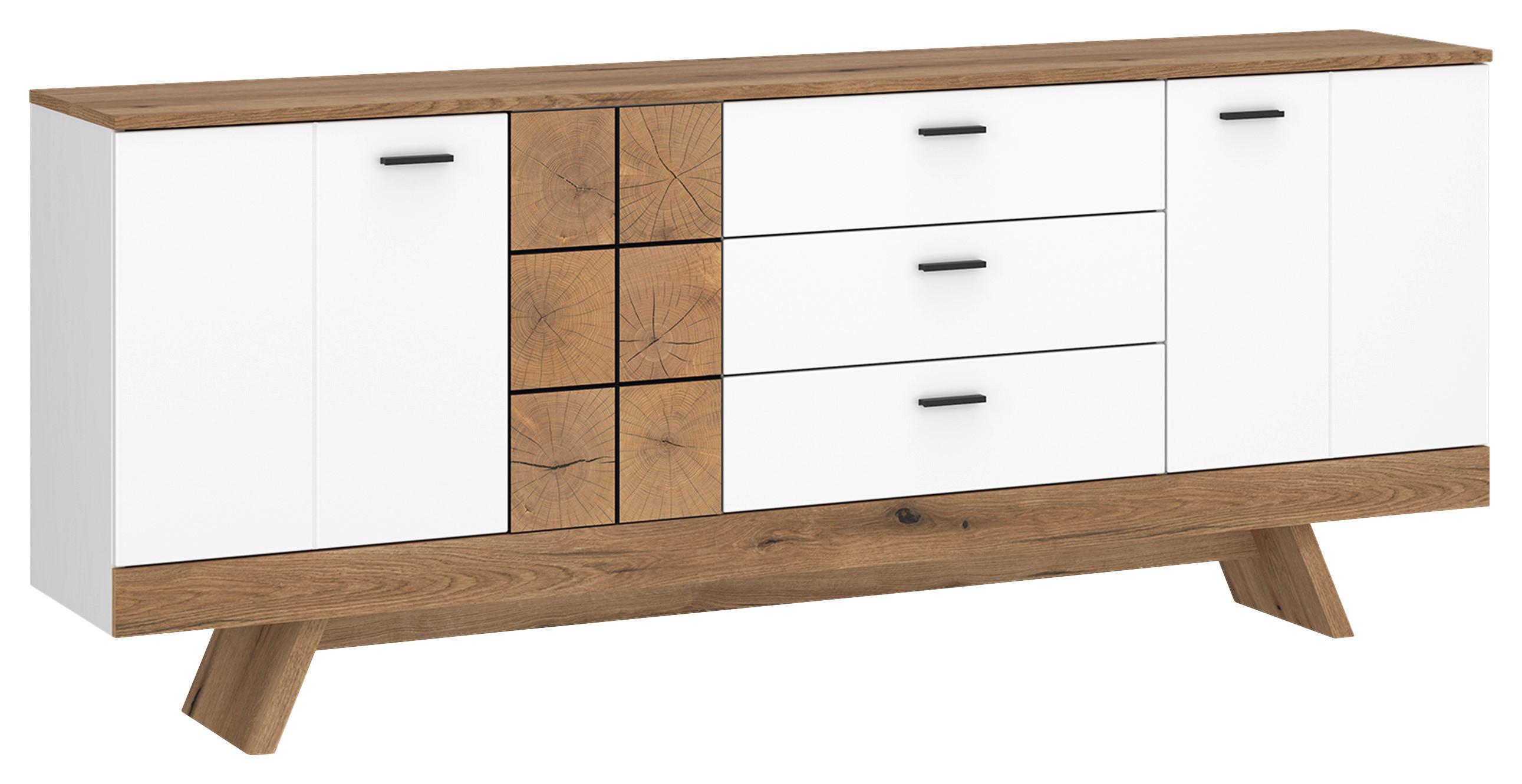 Komoda Oreta, Bela, Barva Hrasta - črna/barve hrasta, Moderno, umetna masa/leseni material (184/78,4/40cm)