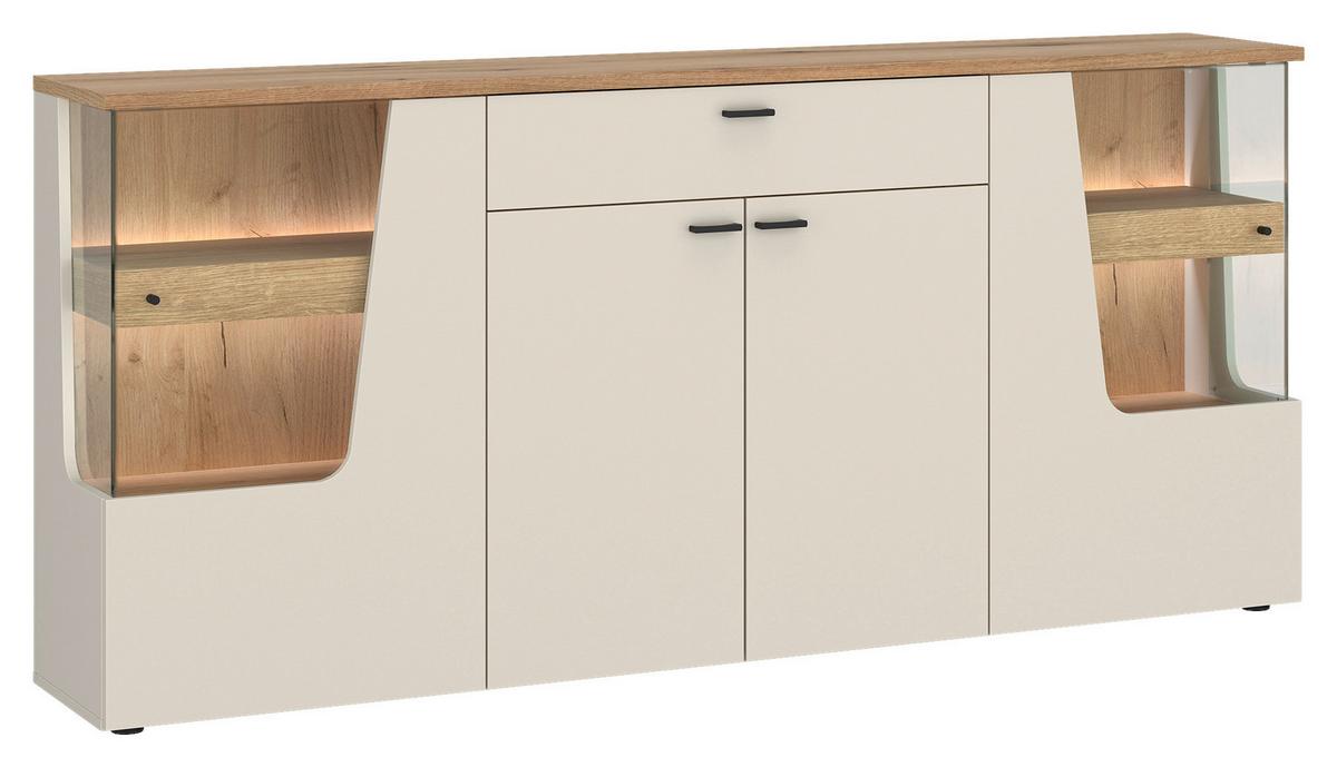 Comodă CUT OUT - cașmir/culoare lemn stejar, Modern, sticlă/material pe bază de lemn (190/90/40cm) - Premium Living