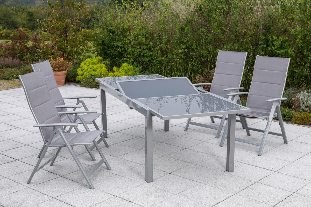 Gartengarnitur 5-tlg. Taviano Metall/Textil/Glas - Silberfarben/Braun, ROMANTIK / LANDHAUS, Glas/Textil - Gardenson