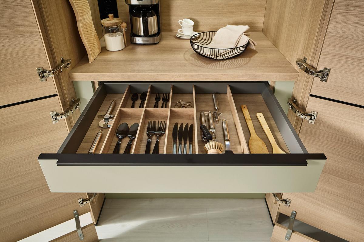 Einbauküche IP3150/2200 ohne Geräte, Salbeigrün/Eiche - Eichefarben/Salbeigrün, MODERN, Holzwerkstoff (350/284cm) - Impuls