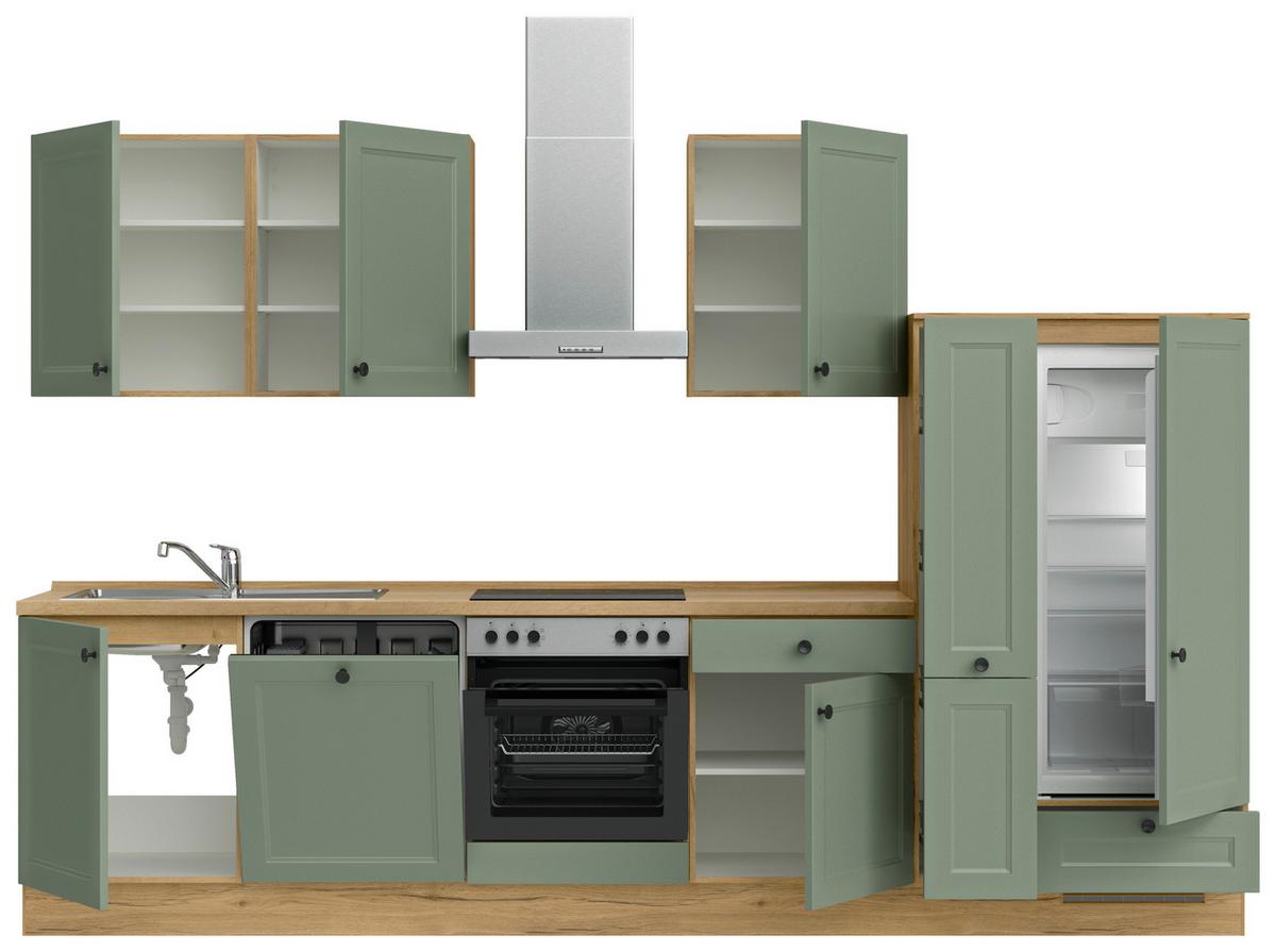 Küchenblock Cascada Low m. Geräten Schilfgrün - Schilfgrün/Eichefarben, MODERN, Holzwerkstoff/Metall (330cm) - Nobilia