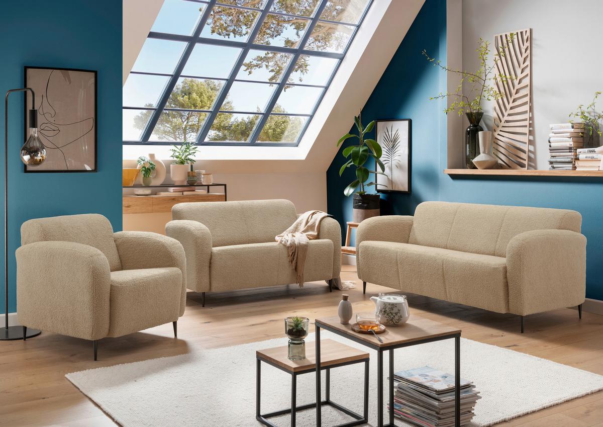 3-Sitzer-Sofa Marone Creme Teddystoff - Creme/Schwarz, MODERN, Textil/Metall (180/76/90cm) - Livetastic