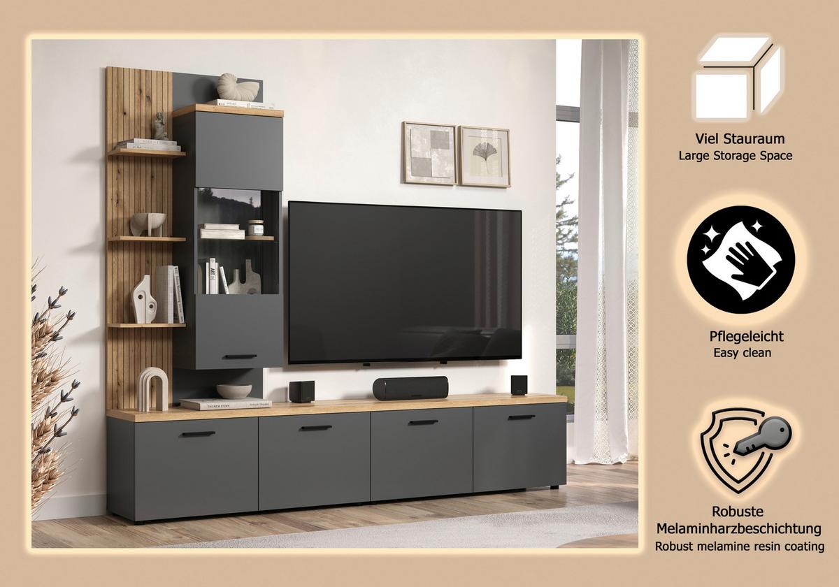 WOHNWAND BAGGIO - Eichefarben/Anthrazit, Design, Glas/Holzwerkstoff (240/212/40cm) - MID.YOU