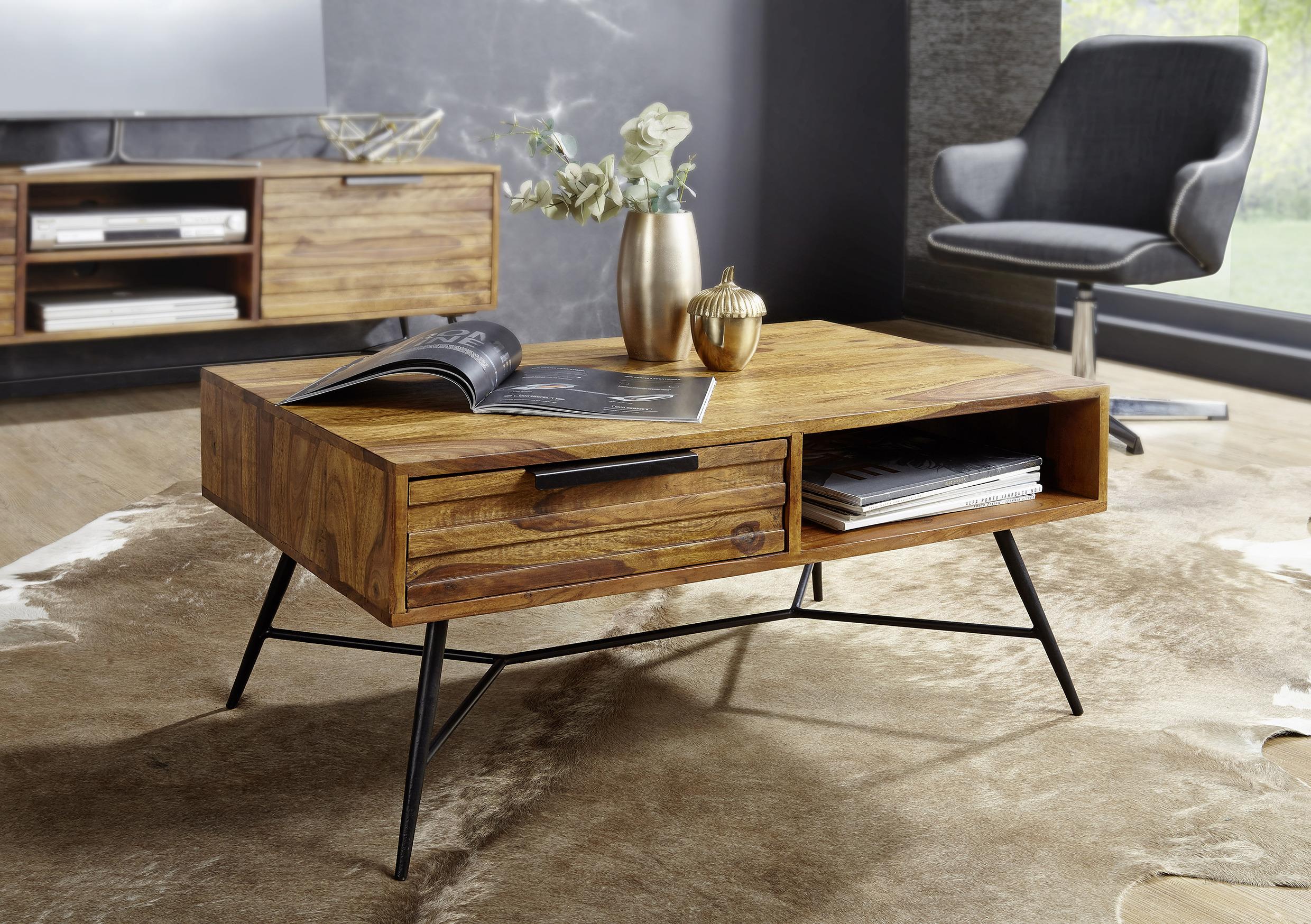 Couchtisch "Nishan" , ca. 87x55 cm, aus Sheesham - Sheeshamfarben/Schwarz, Design, Holz/Metall (87/41/55cm) - MID.YOU
