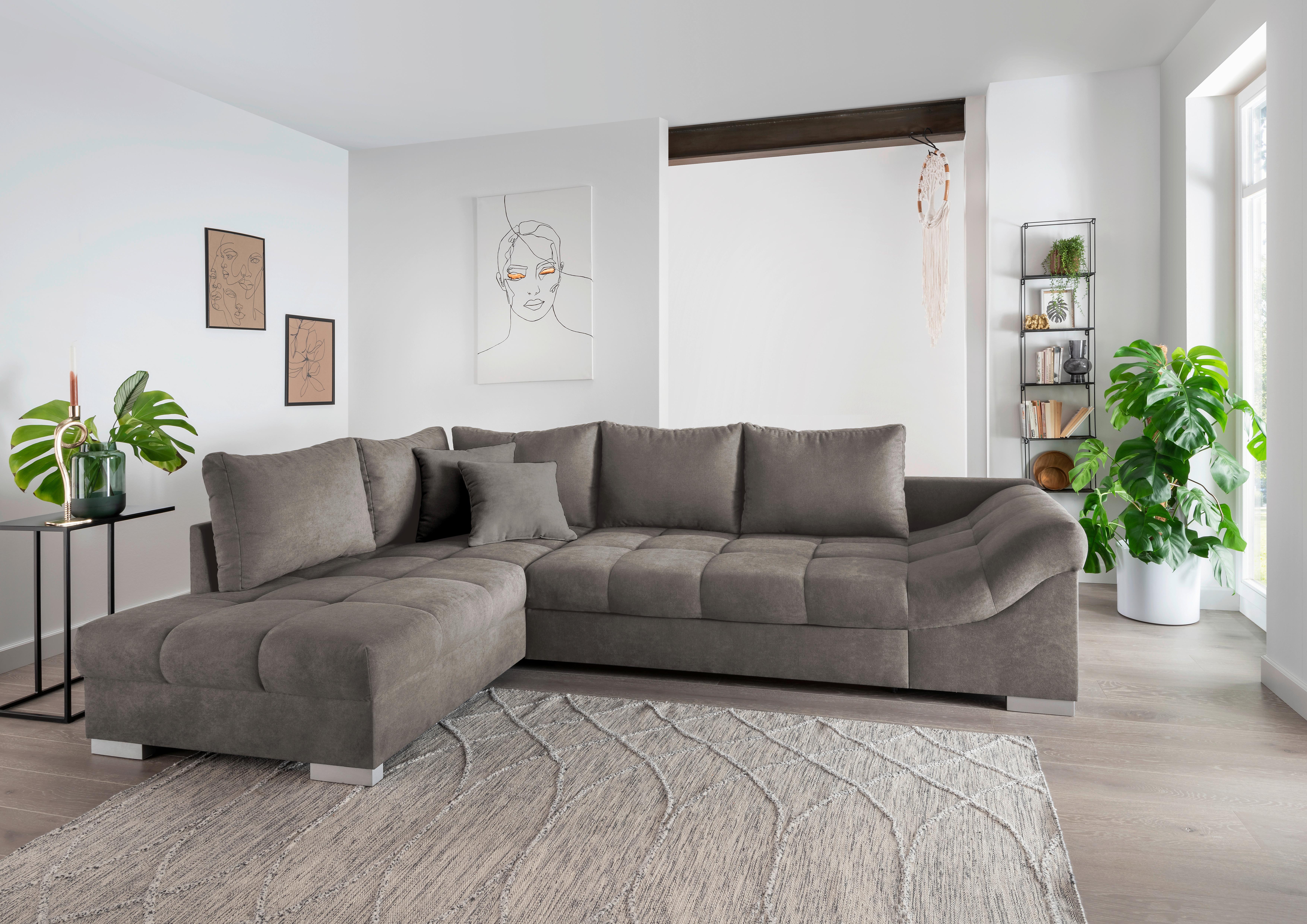 Wohnlandschaft Alvito Graubraun Nylon/Mikrofaser - Graubraun/Silberfarben, Design, Holz/Textil (202/298cm) - MID.YOU