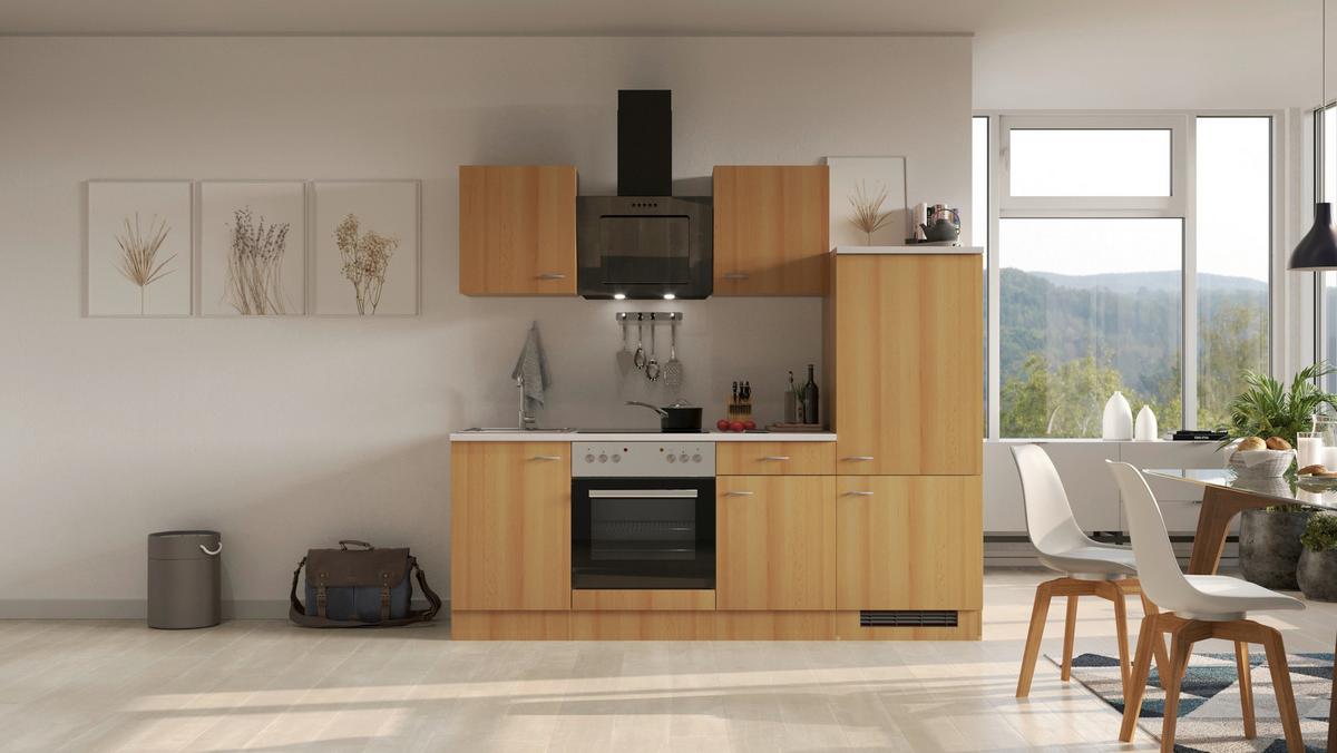 Küchenblock Nano mit Geräten ca. 220 cm Buchefarben - Edelstahlfarben/Beige, MODERN, Holzwerkstoff/Kunststoff (220cm) - FlexWell