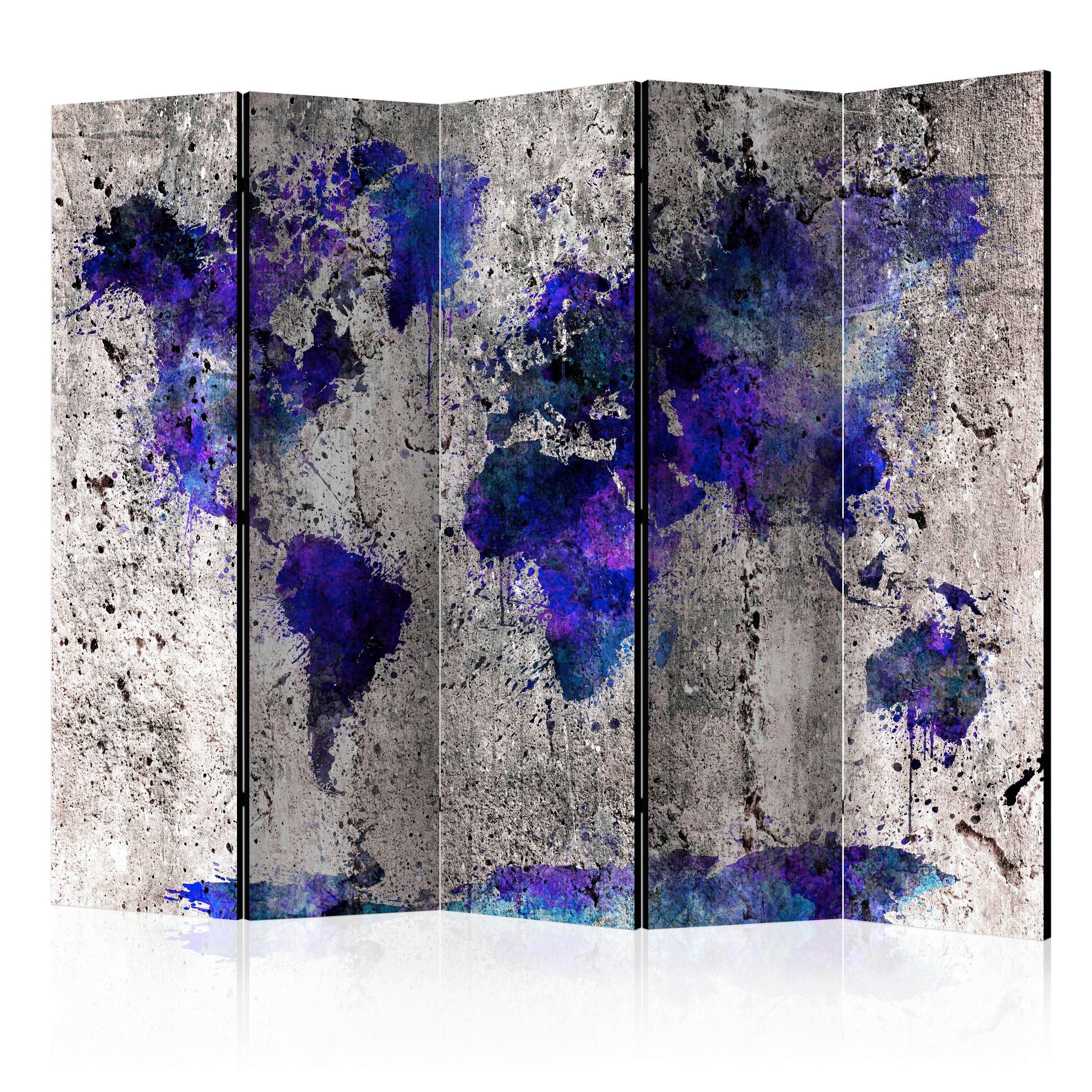 Paravan Inked World Map, 5-Delni, Dvostranski - vijolična/bež, Basics, tekstil/les (225/172cm) - artgeist