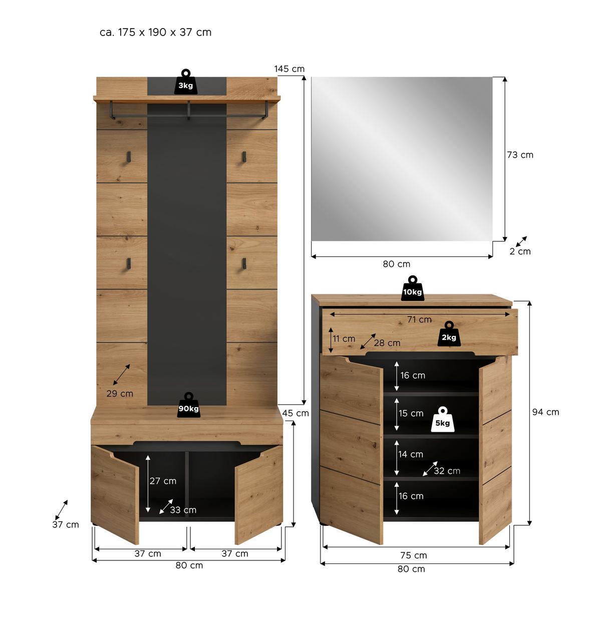 Predsoba Canu, Siva, Barva Hrasta, 4-Delna - hrast artisan, Design, leseni material (175/190/37cm) - Livetastic