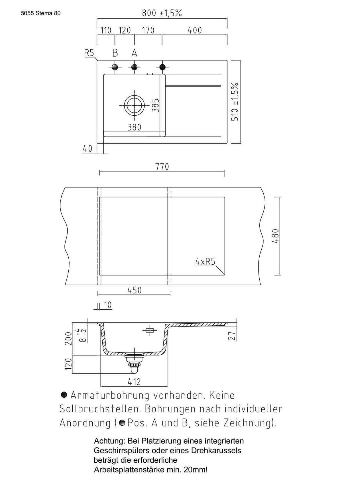Spüle Stema80 Weiß ca. 80x51cm - Weiß, MODERN (80/51cm) - Systemceram