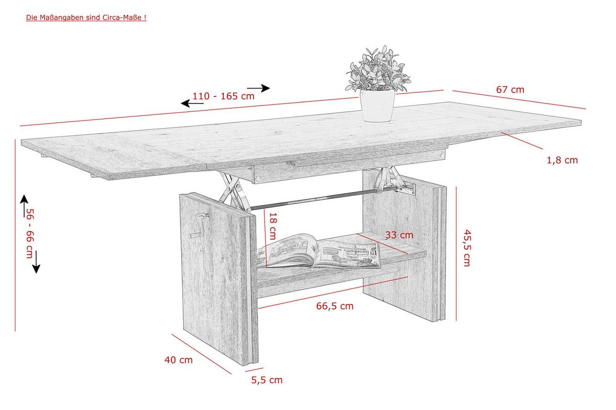 Couchtisch Hilmar ca. 165x67 cm Eichefarbe - Eichefarben, MODERN, Holzwerkstoff (110-165/67/56-66cm) - MID.YOU