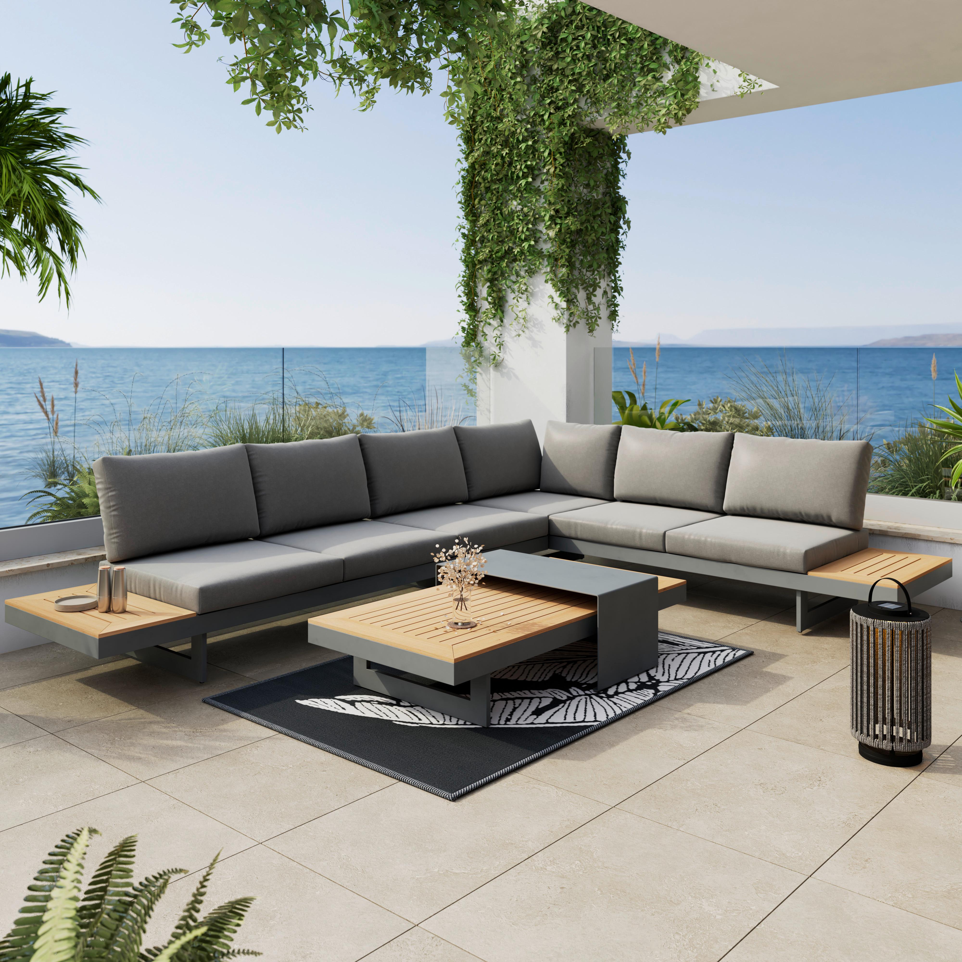 Loungegarnitur Sabrina Grau Metall/Outdoorstoff +Abdeckung - Dunkelgrau/Naturfarben, MODERN, Kunststoff/Textil (232/79/78cm) - Bessagi Garden