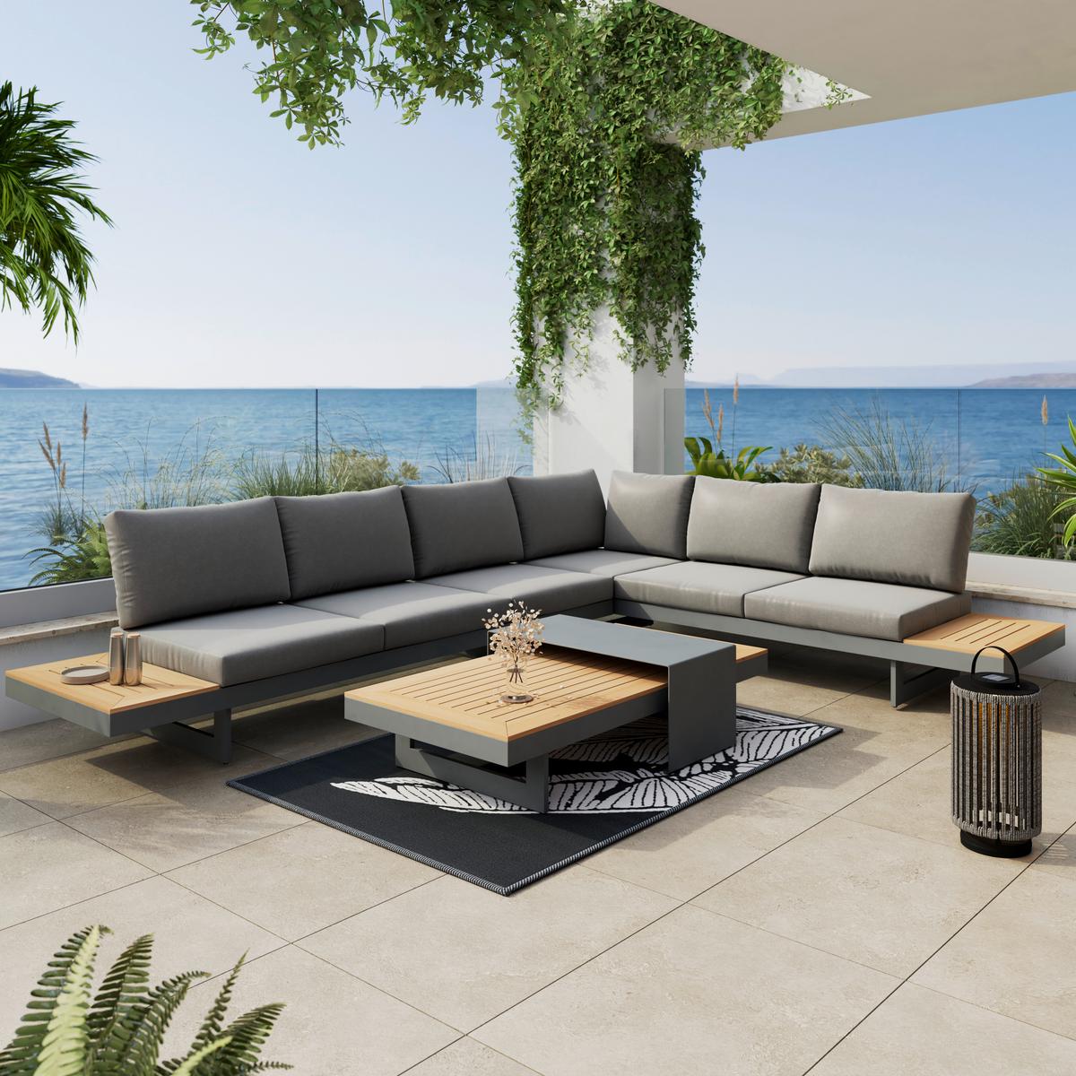 Loungegarnitur Sabrina Grau Metall/Outdoorstoff +Abdeckung - Dunkelgrau/Naturfarben, MODERN, Kunststoff/Textil (232/79/78cm) - Bessagi Garden