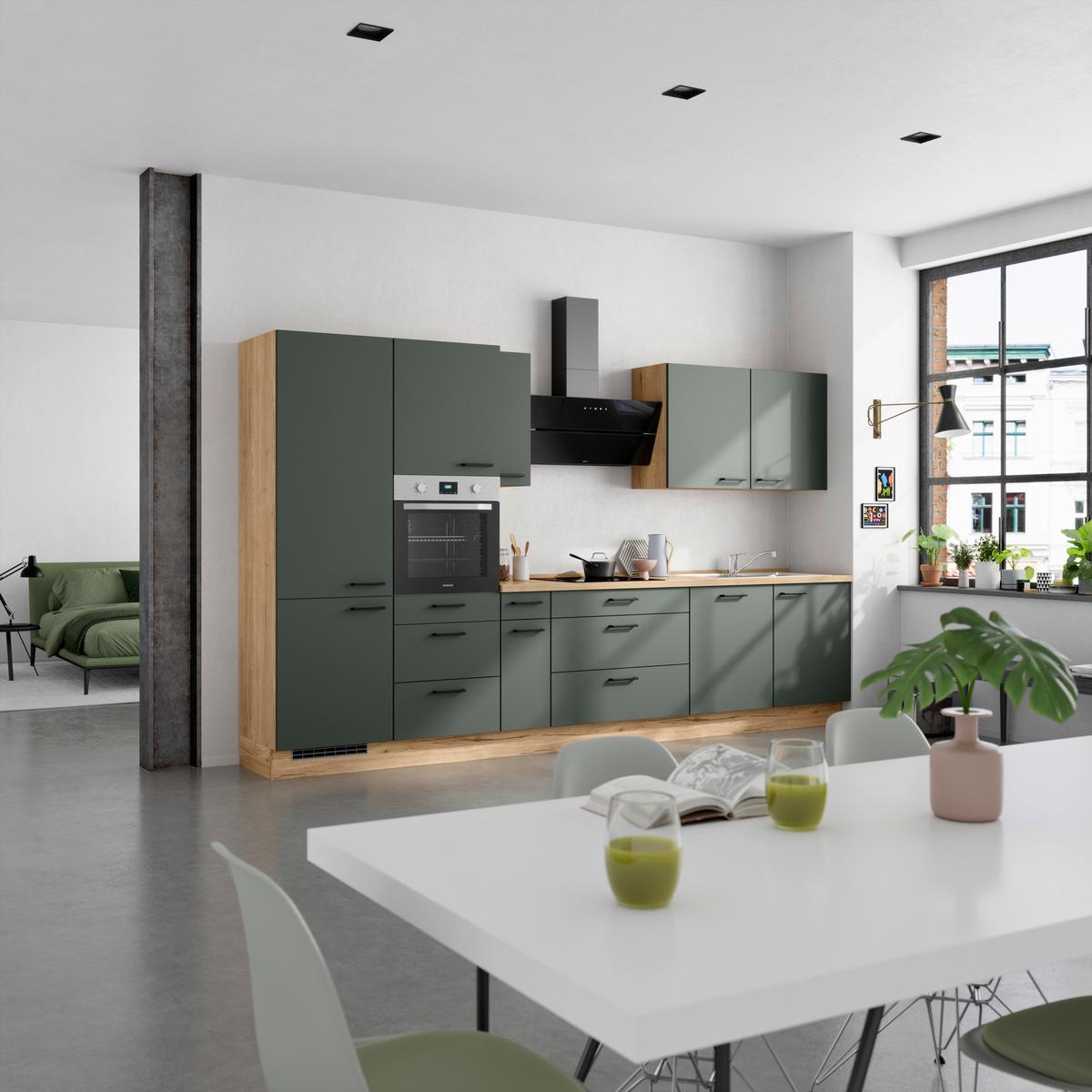 Küchenblock Easytouch High -Line inkl.4 Geräte Dunkelgrün - Dunkelgrün/Eichefarben, MODERN, Holzwerkstoff/Metall (360cm) - Nobilia