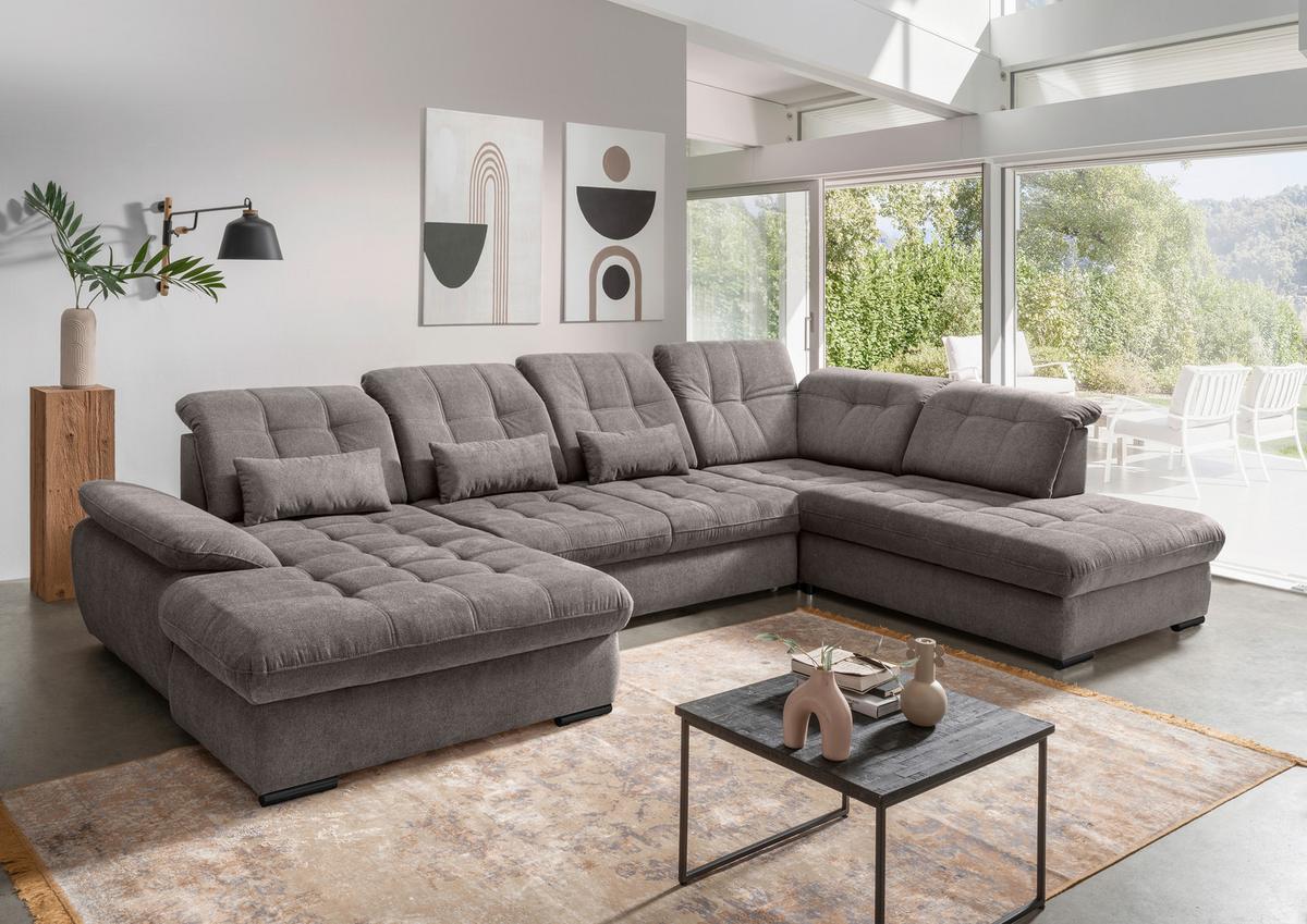 Wohnlandschaft Rigatti Grau- Braun Chenille mit Bettkasten - Graubraun/Schwarz, MODERN, Textil/Metall (184/387/252cm) - Livetastic