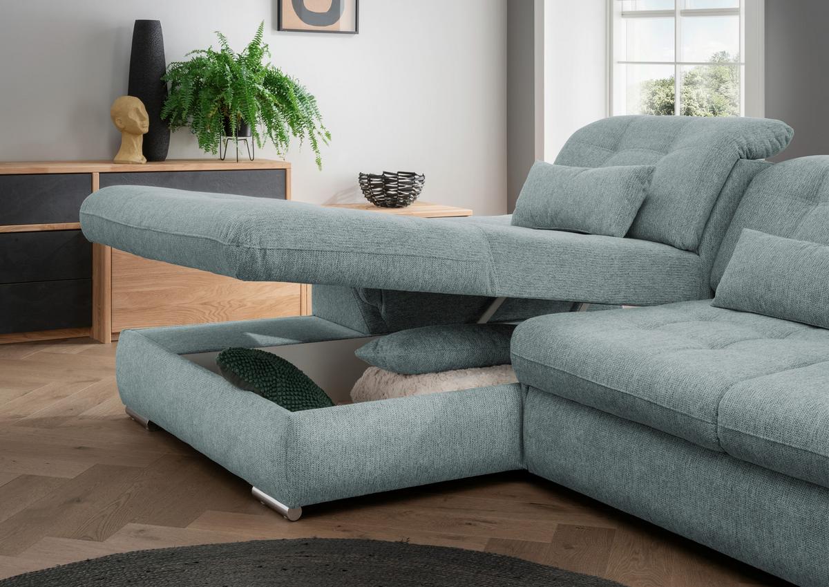 Ecksofa Rigatti mit Bettkasten ca. 184x314 cm Mint - Blau/Chromfarben, MODERN, Textil/Metall (184/314cm) - Livetastic