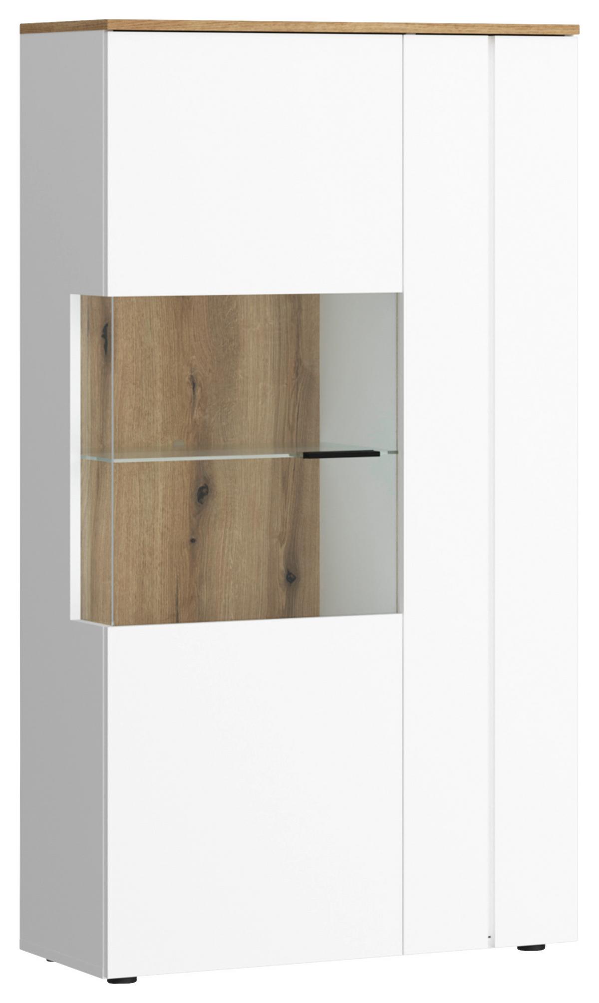 Comodă înaltă DALANO - alb/culoare lemn stejar, Trend, sticlă/material pe bază de lemn (77,7/144,2/37,2cm) - Modern Living