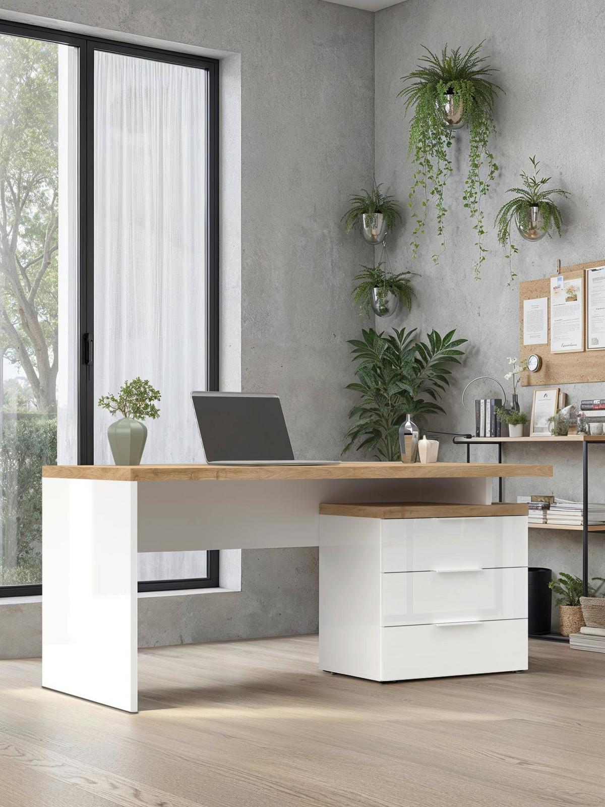 Schreibtisch Easy Office Eichefarben/Weiß Hochglanz - Eichefarben/Weiß Hochglanz, MODERN, Holzwerkstoff/Metall (160/75/68cm) - Based