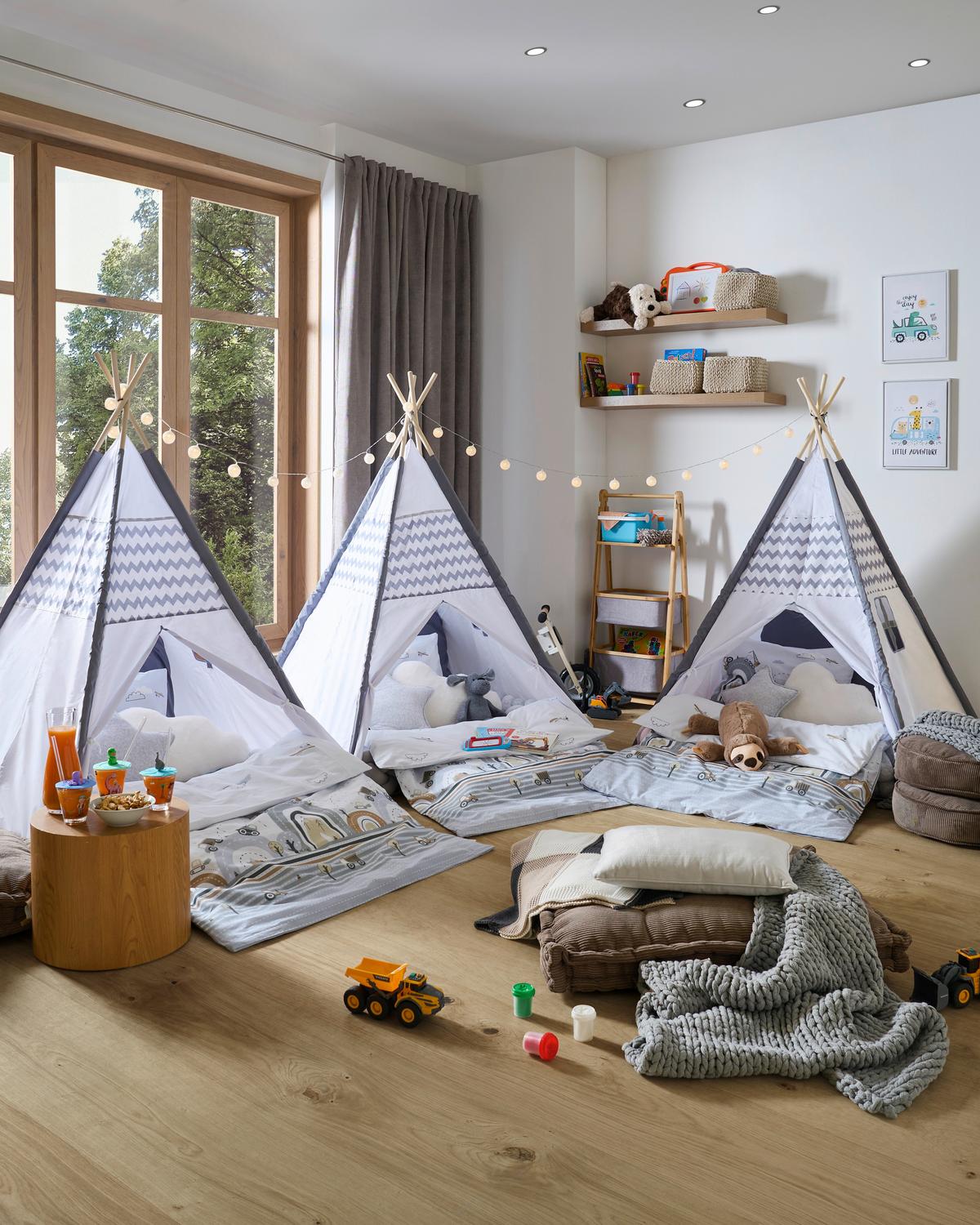 NAMIOT DO ZABAWY TIPI TIMO - jasnoszary/biały, Basics, drewno/tkanina (120/150/120cm) - My Baby Lou