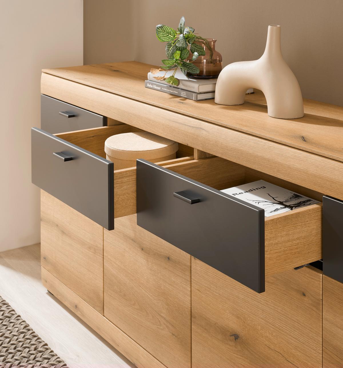 WOHNWAND SOLETO - Eichefarben/Graphitfarben, Design, Glas/Holzwerkstoff - MID.YOU