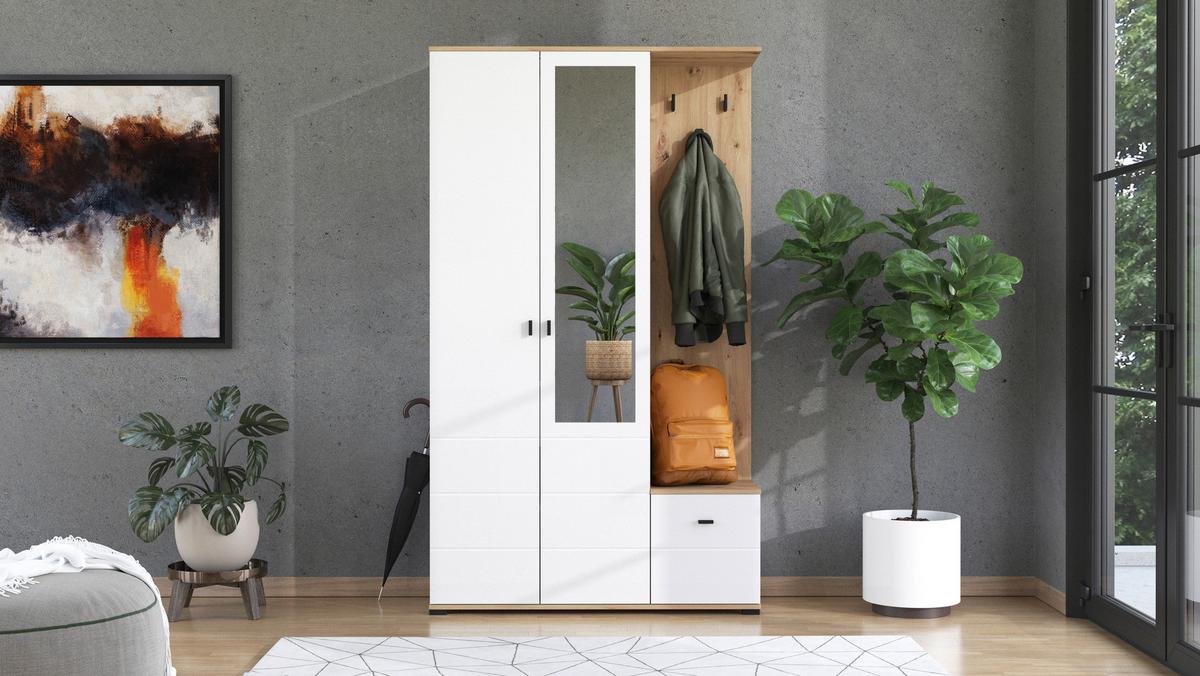 Garderobe Canvey Weiß/Eiche Artisan - Weiß/Eiche Artisan, MODERN, Glas/Holzwerkstoff (116/197/35cm) - Mömax