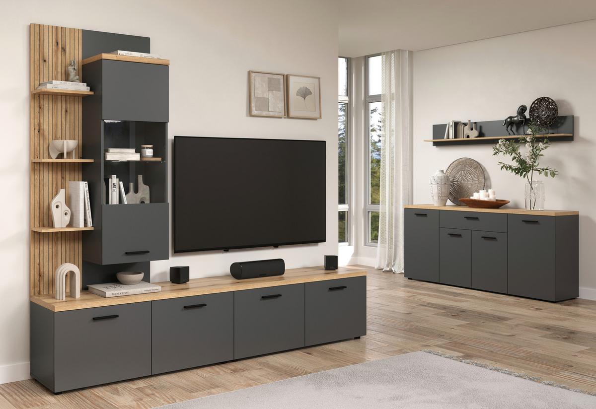 WOHNWAND BAGGIO - Eichefarben/Anthrazit, Design, Glas/Holzwerkstoff (240/212/40cm) - MID.YOU