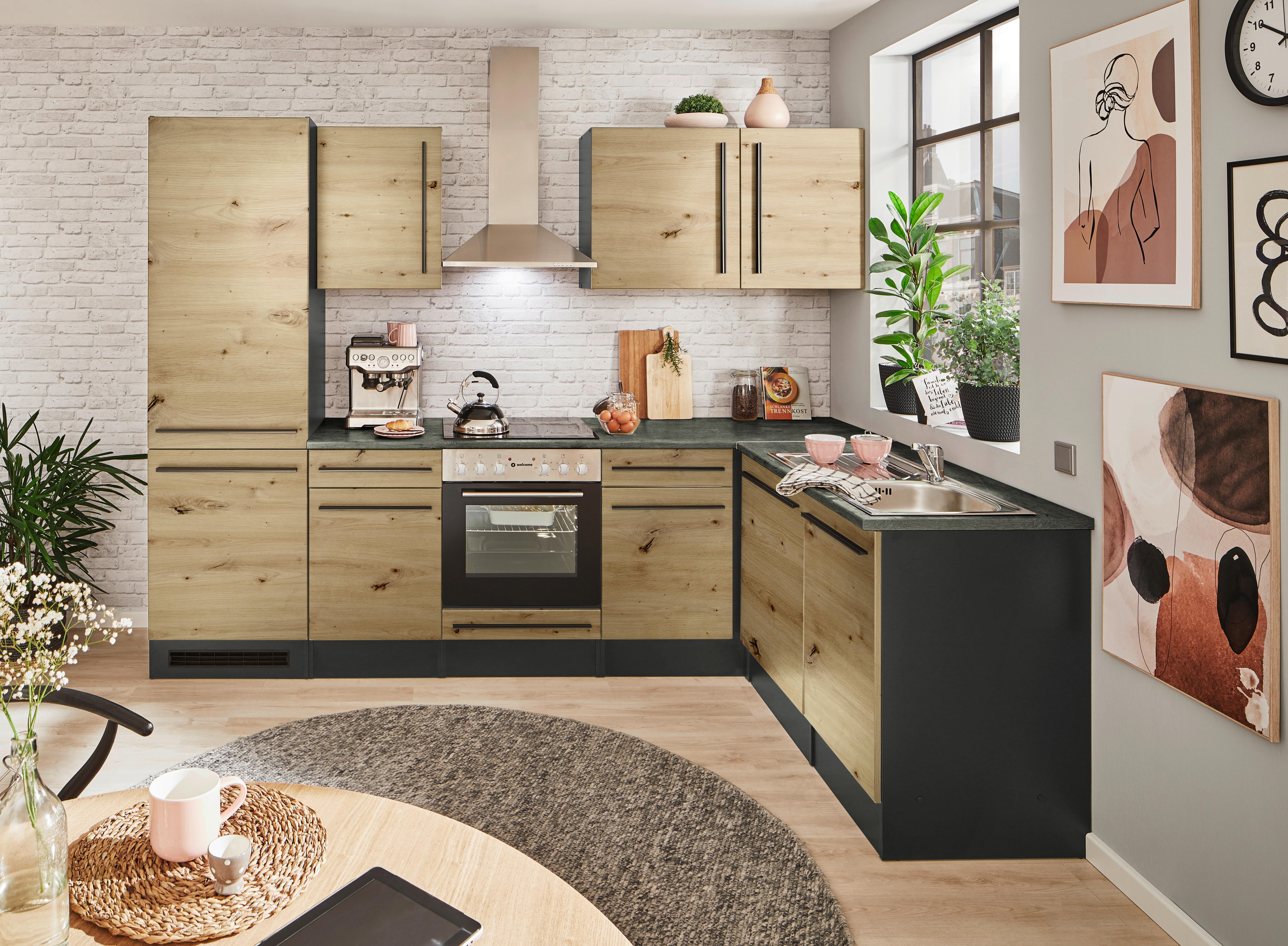 Eckküche Jazz mit Geräten ca.280x175cm Eiche/Anthrazit - Anthrazit/Schwarz, LIFESTYLE, Holzwerkstoff/Kunststoff (280/175cm) - P & B