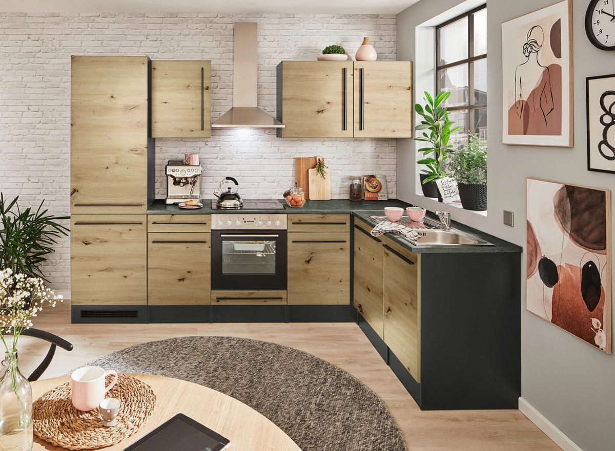 Eckküche Jazz mit Geräten ca.280x175cm Eiche/Anthrazit - Anthrazit/Schwarz, LIFESTYLE, Holzwerkstoff/Kunststoff (280/175cm) - P & B