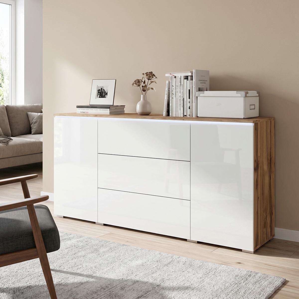 Sideboard Vera mit LED ca. 150 cm Weiß/Eiche Wotan - Weiß Hochglanz/Eiche Wotan, LIFESTYLE, Holzwerkstoff/Kunststoff (150/67,9/39,5cm) - P & B