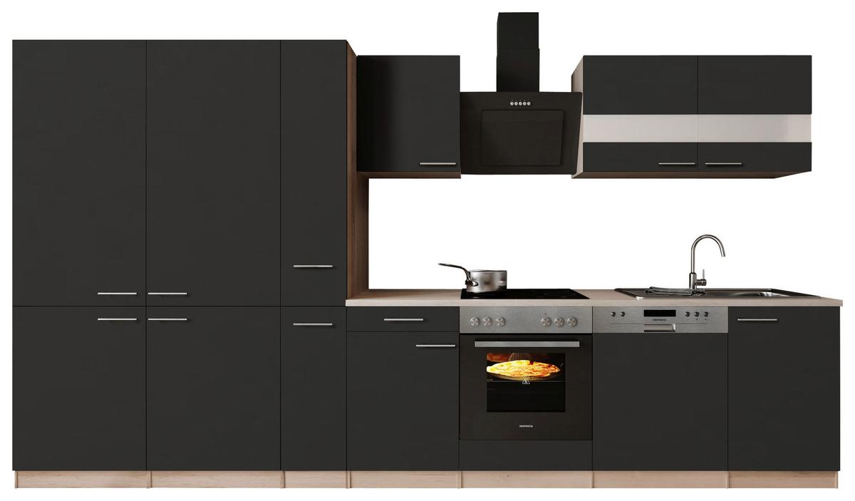 Küchenblock Merle m. Geräten Schwarz - Edelstahlfarben/Eichefarben, Trend, Holzwerkstoff/Metall (370cm) - Respekta