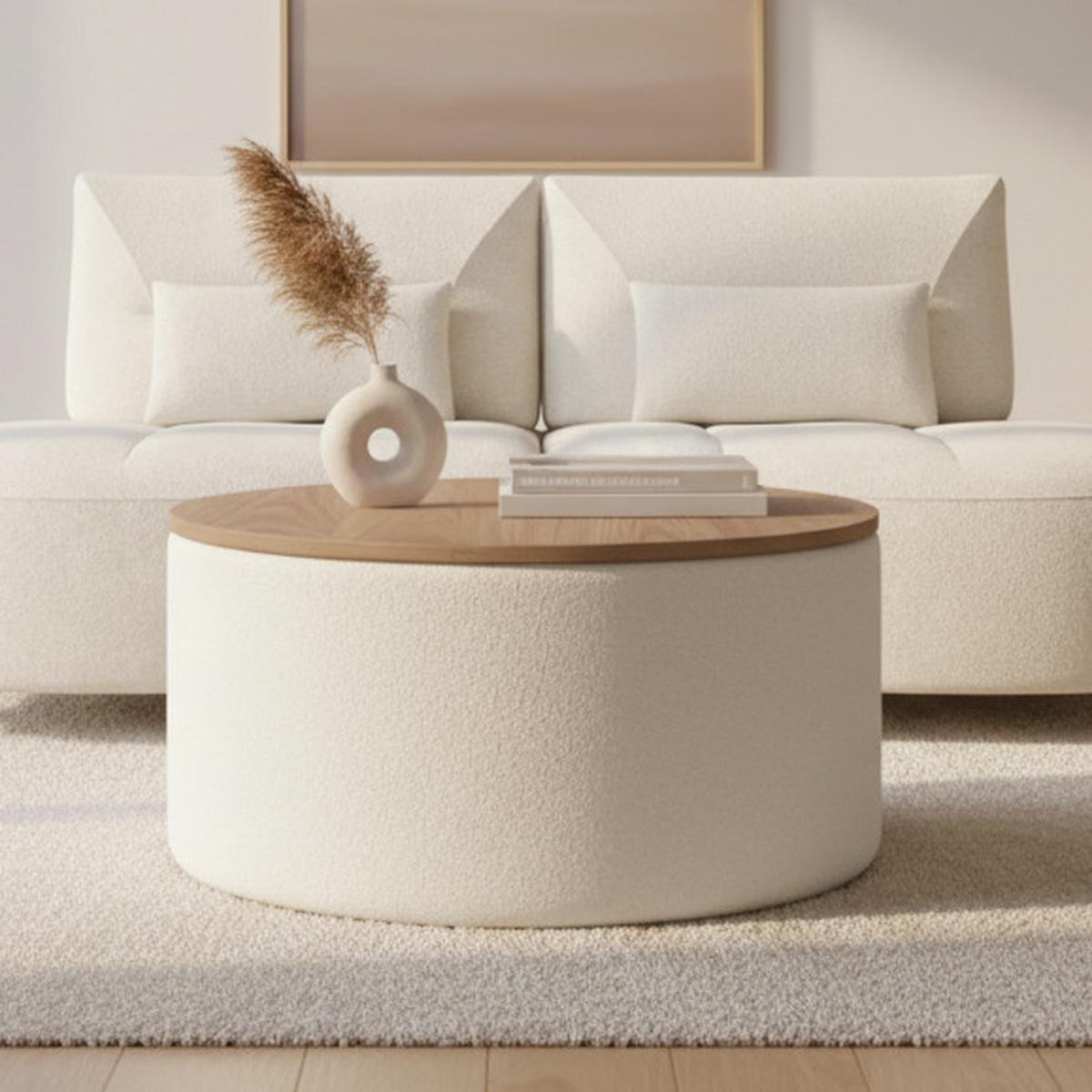 Couchtisch Elliot Weiß Bouclé mit Stauraum rund - Naturfarben/Weiß, MODERN, Holz/Holzwerkstoff (70/70/35cm) - Bessagi Home