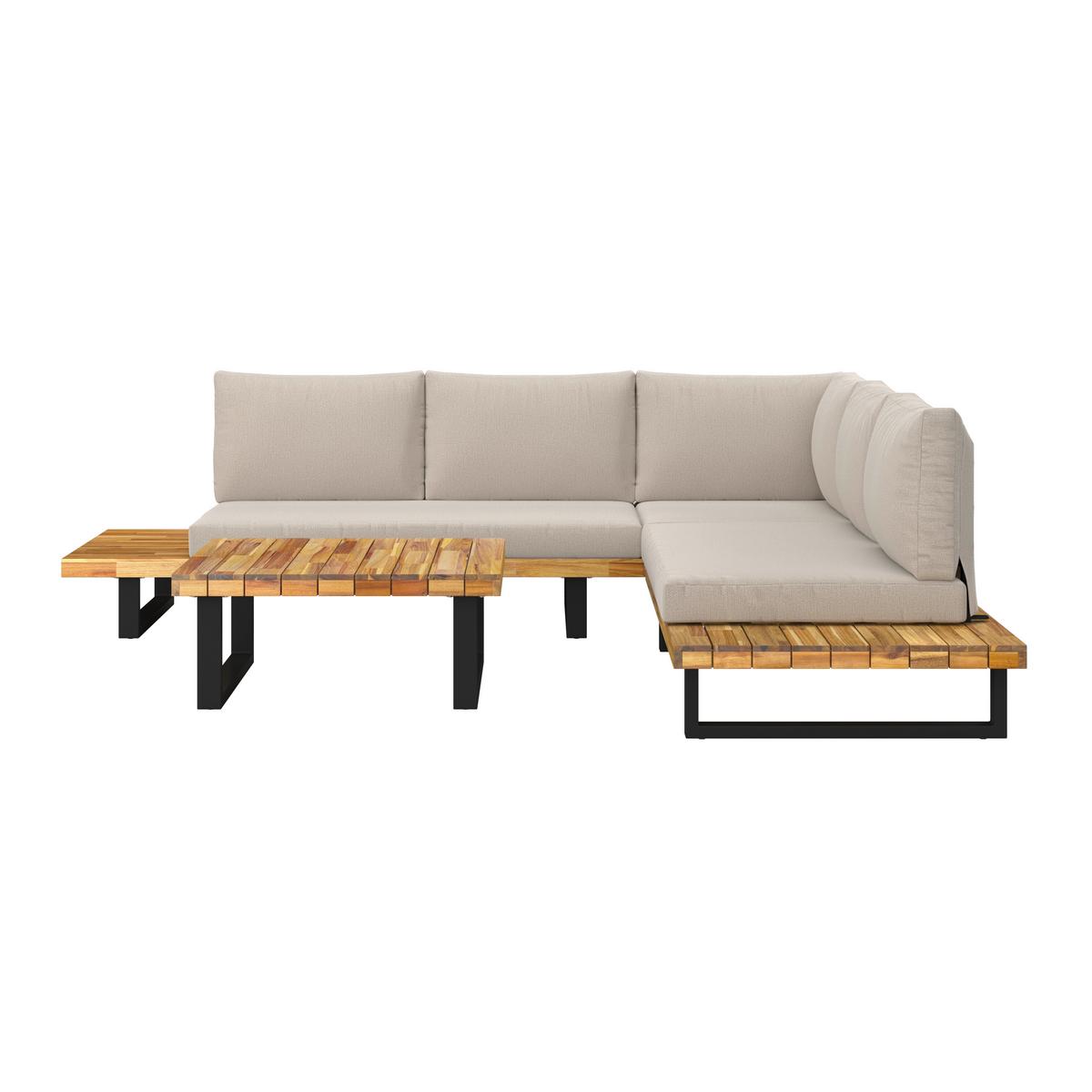 Loungegarnitur Cristina Creme Echtholz/Textil/Metall - Creme/Schwarz, Modern, Holz/Textil (254/78/82cm) - Bessagi Garden