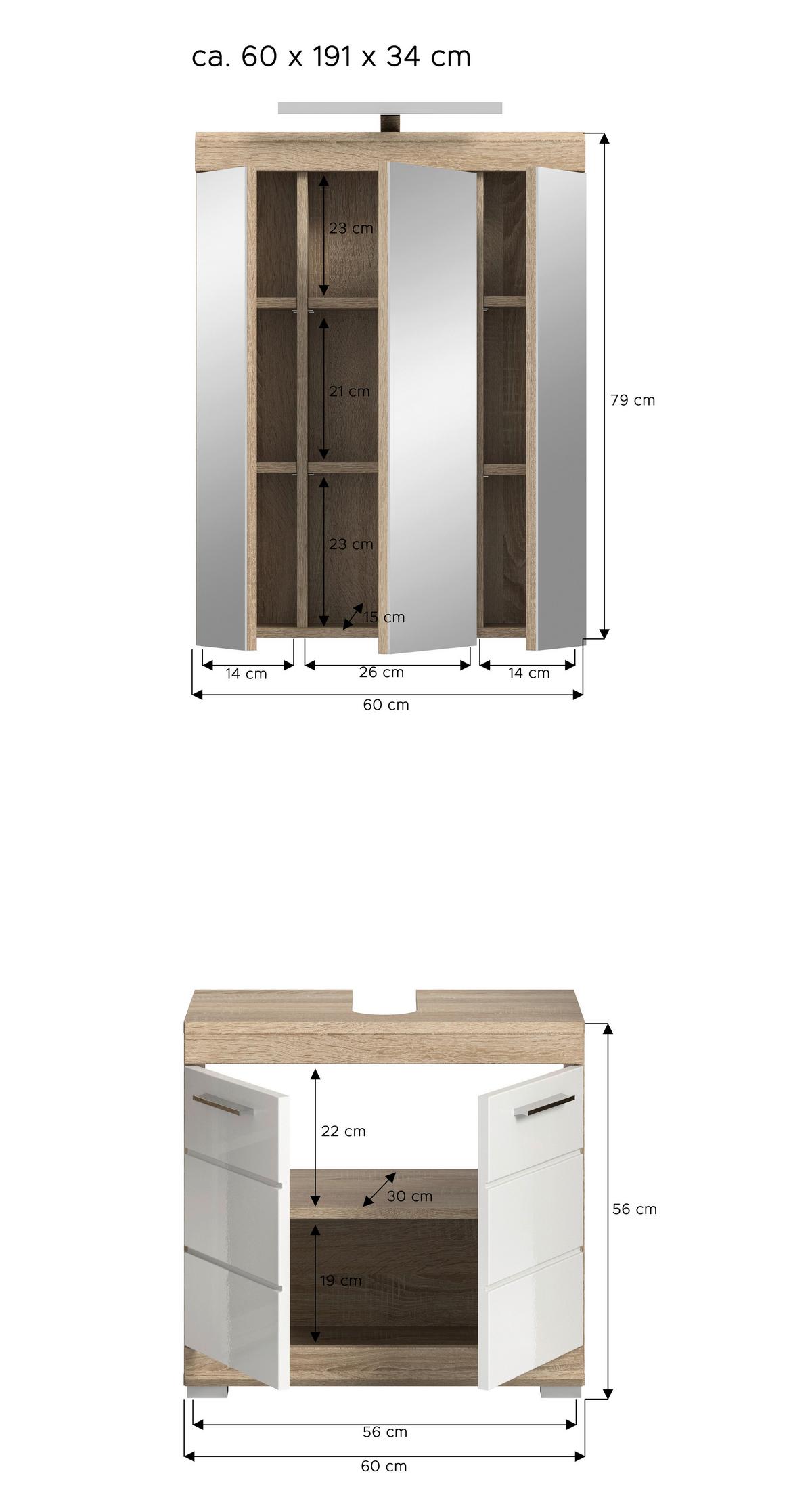 Kopalnica Lambada, Barva Hrasta, Bela, 2-Delna - srebrne barve/bela, Moderno, umetna masa/steklo (60cm) - MID.YOU