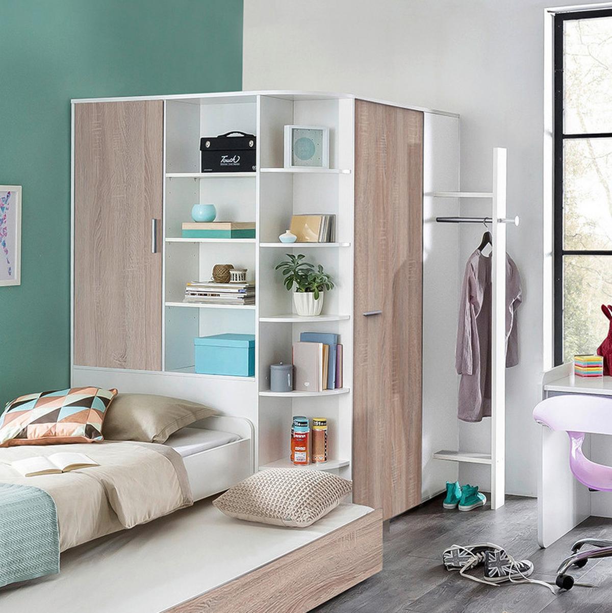 Eckschrank Young Weiß/Eichefarben - Eichefarben/Alufarben, KONVENTIONELL, Holzwerkstoff/Kunststoff (124/198/148cm) - Mömax