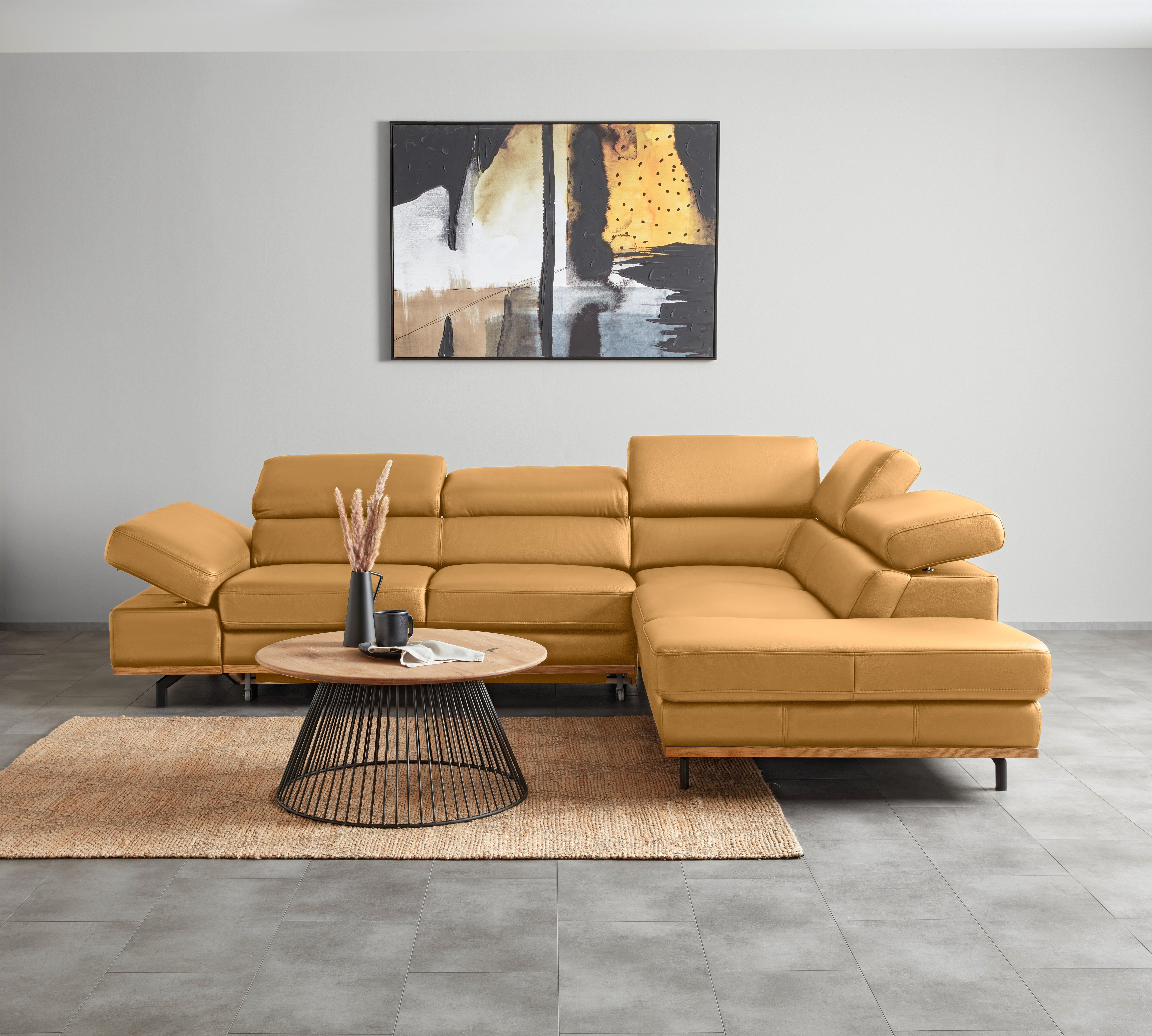 Wohnlandschaft Carmen rechts Senfgelb - Senfgelb/Schwarz, MODERN, Leder/Holz (292/72/226cm) - Premium Living