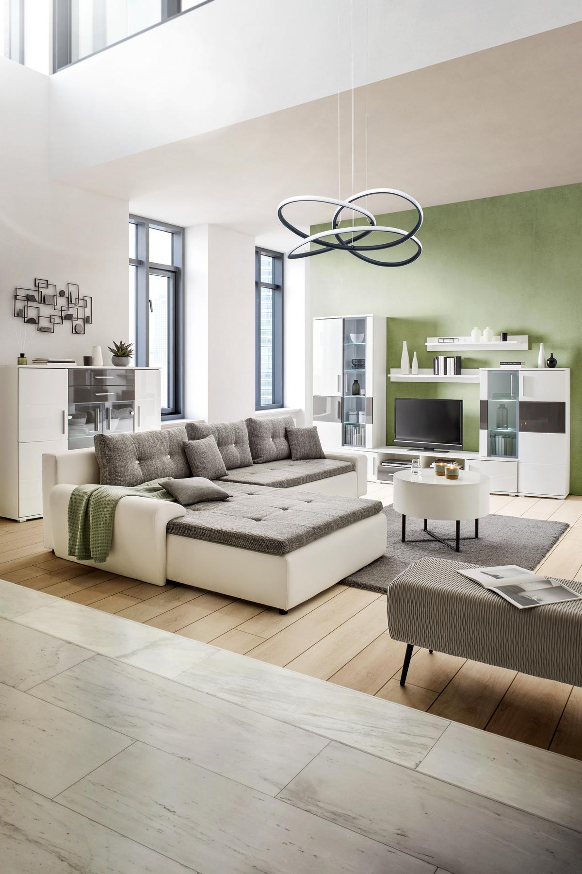 Wohnwand in Weiss/Grau Hochglanz - Weiss/Grau, Modern, Holz (296/198/50cm) - Mömax