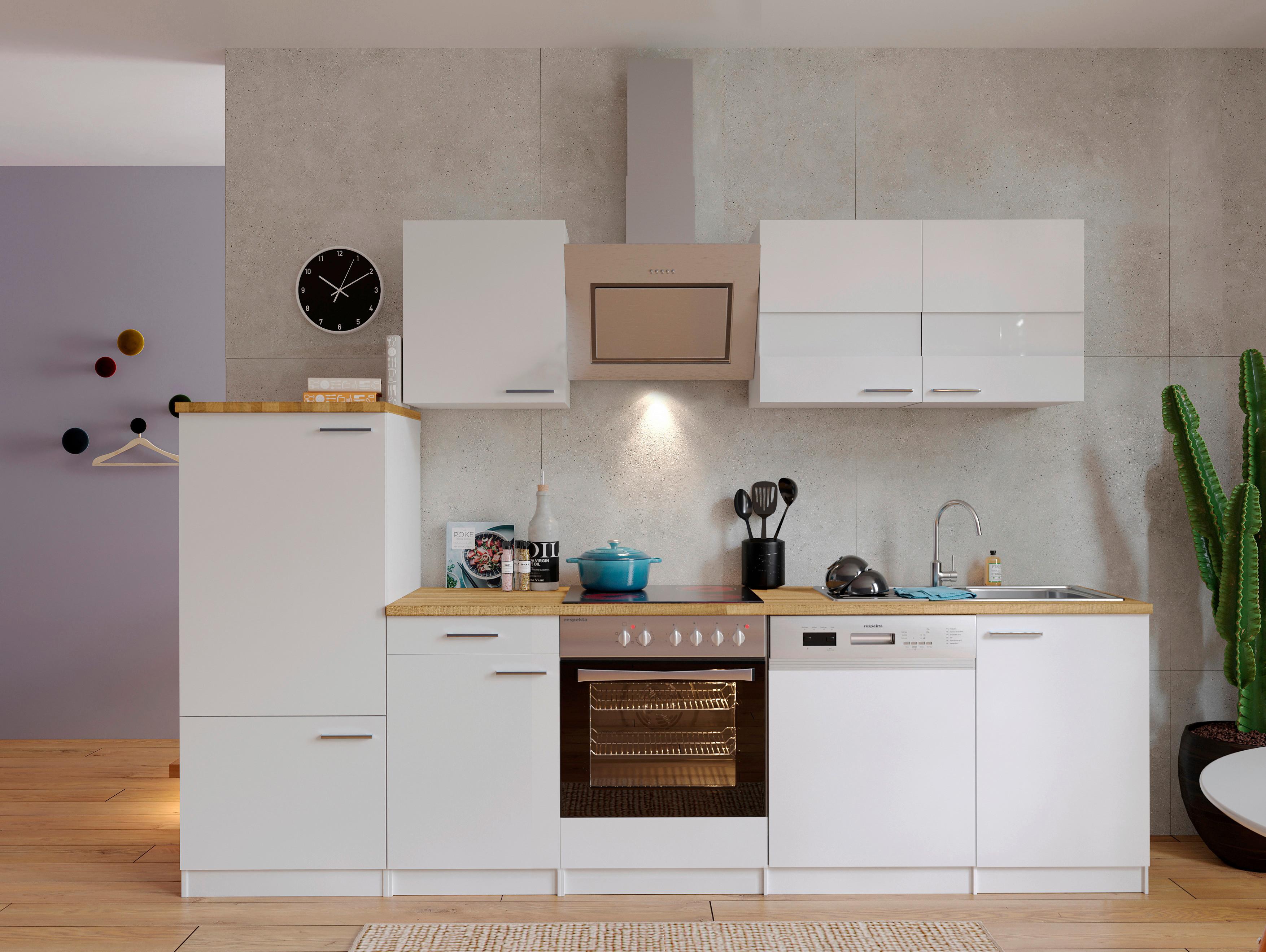 Küchenblock Economy mit Geräten Weiß B: ca. 280 cm - Edelstahlfarben/Nussbaumfarben, Basics, Holzwerkstoff/Metall (280cm) - Respekta