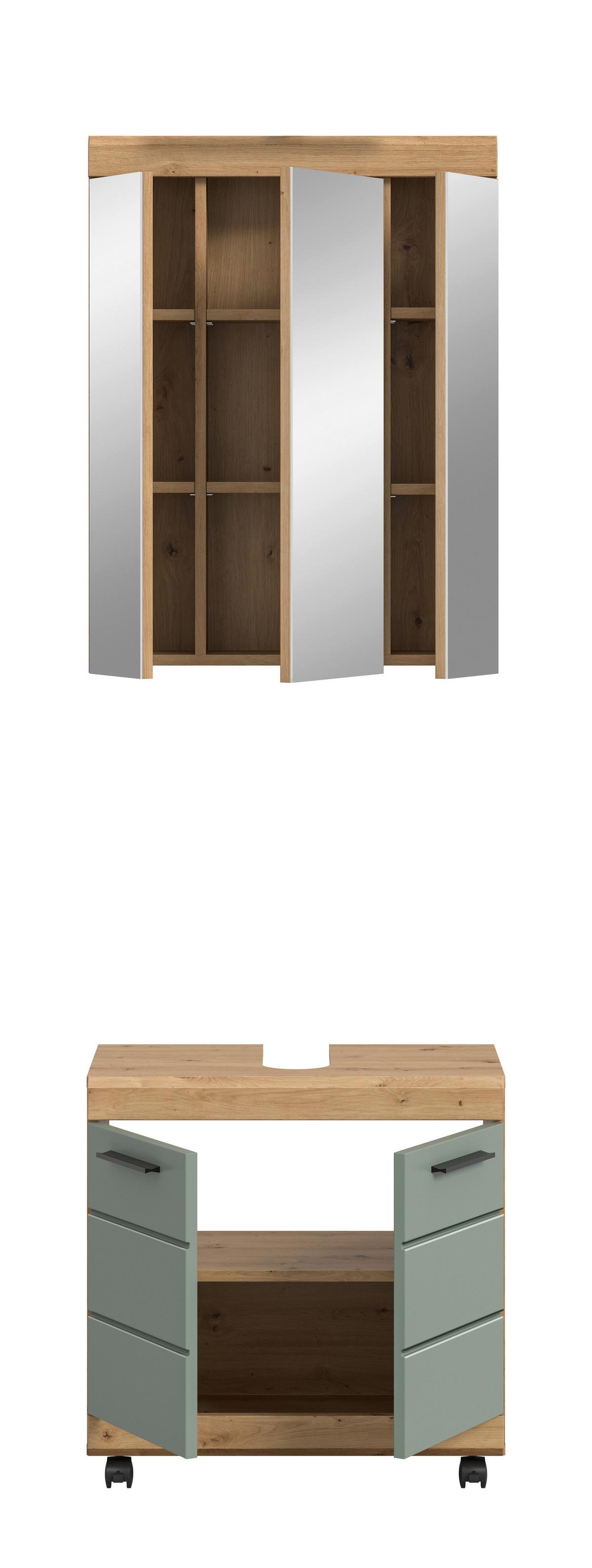 Badezimmer Scout Salbeigrün /Eiche Artisan 2-teilig - Salbeigrün/Schwarz, Trend, Glas/Holzwerkstoff (60cm) - MID.YOU