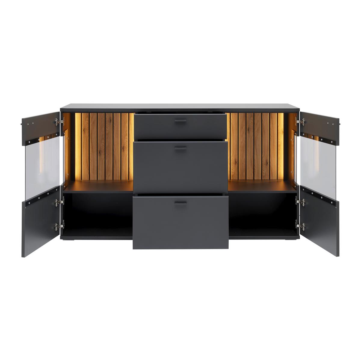 Sidebaord Carreto Schwarz/Eichefarben - couleur de chêne/noir, Modern, verre/métal (160/90/44cm) - Premium Living