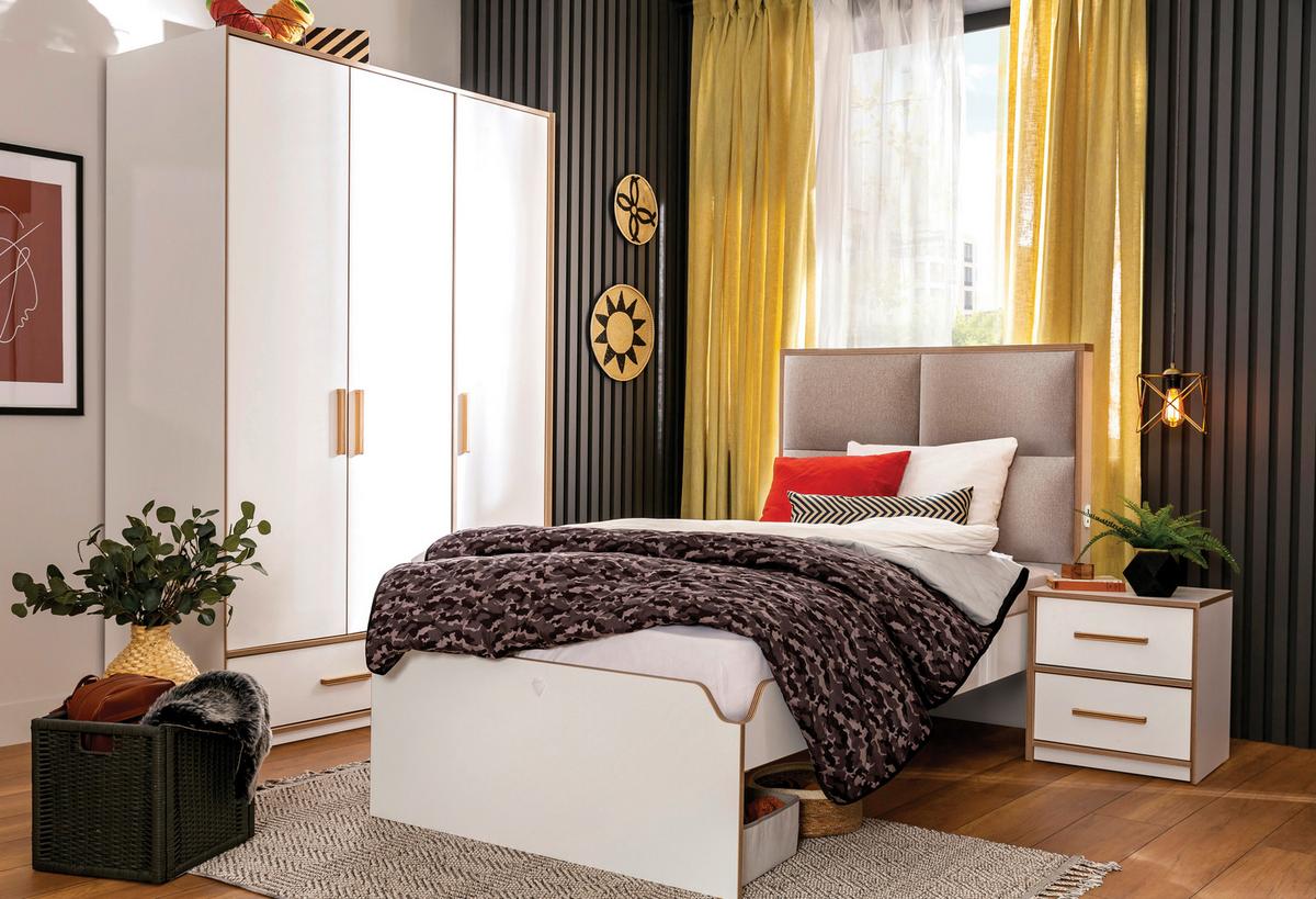 Ágykeret Fejvéggel Modera - natúr színű/fehér, Modern, faalapú anyag/textil (120/200cm)