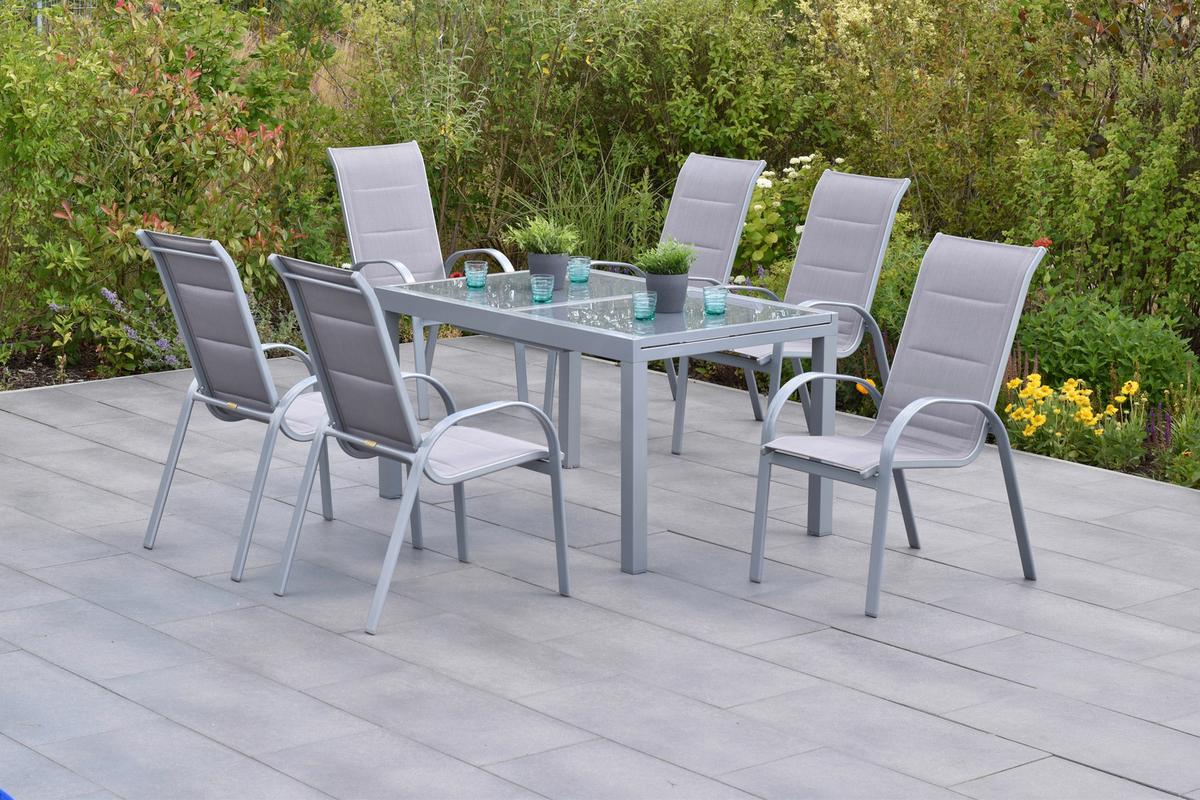Vrtni Set Amalfi, 7-delni, Raztegljiva Miza - srebrne barve/rjava, Moderno, kovina/tekstil - Gardenson