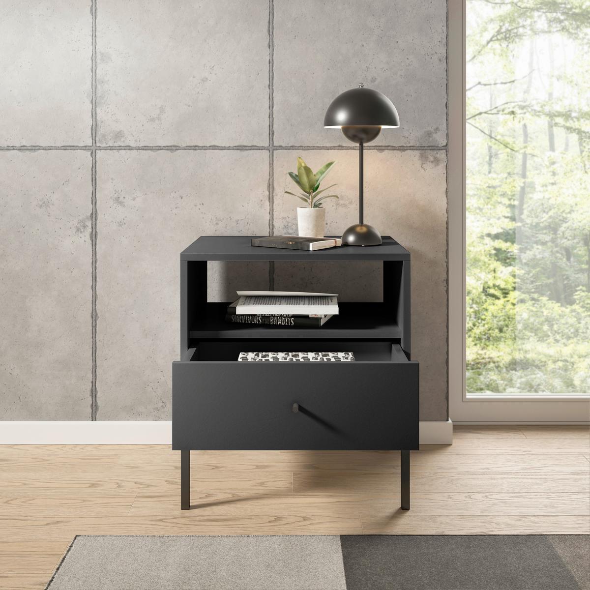 SZAFKA NOCNA INES - czarny/kolor grafitowy, Modern, materiał drewnopochodny/metal (54/56/39cm) - MID.YOU
