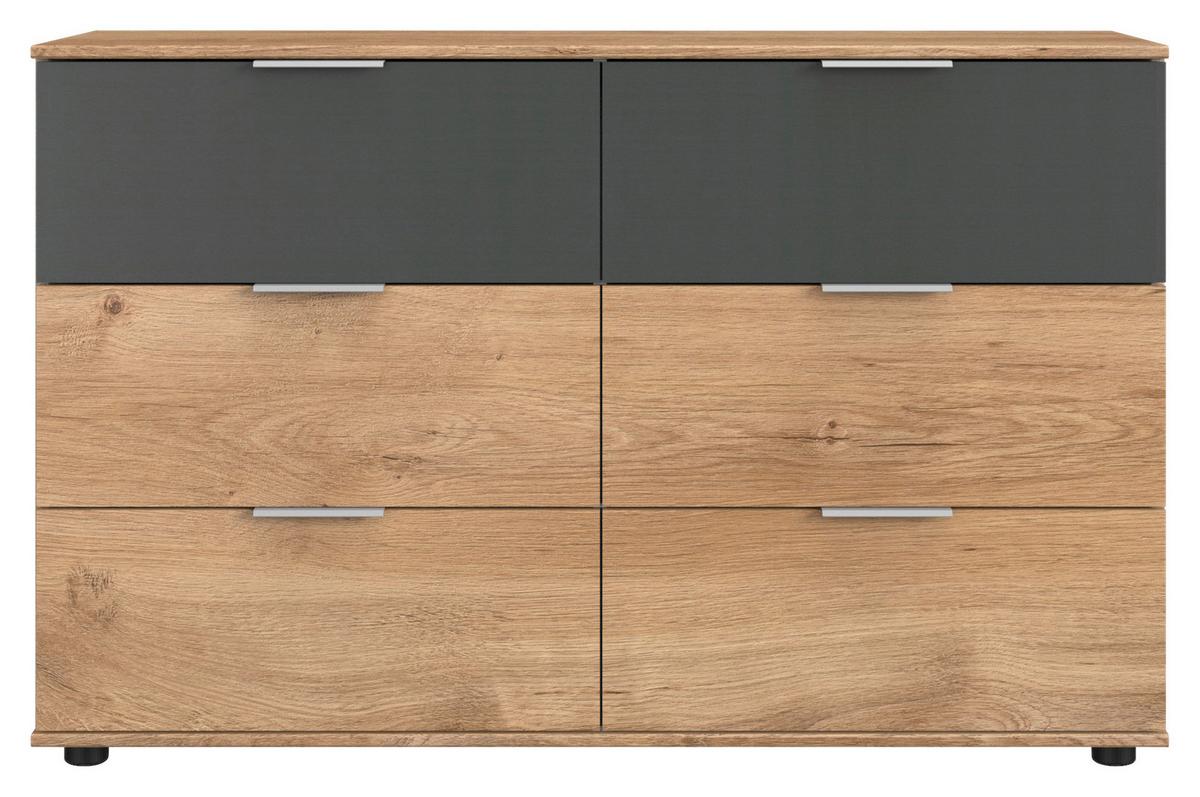 Komód Tölgy-szürke Szín 6 Fiók Valencia - grafitszürke/tölgyfa színű, Modern, faalapú anyag/fém (130/83/41cm)