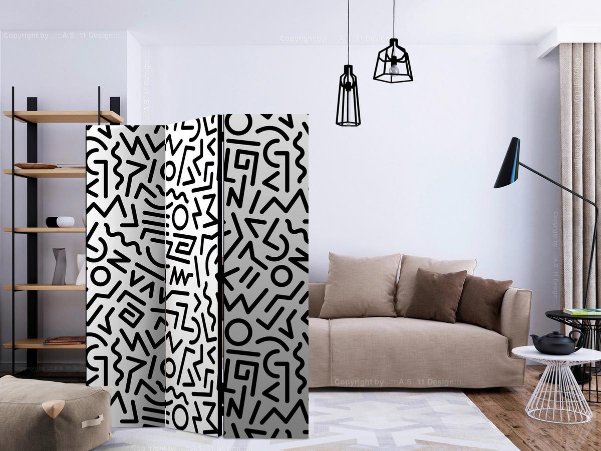 Paravan Black And White Maze, 3-Delni, Dvostranski - črna/bela, Basics, tekstil/les (135/172/3cm) - artgeist
